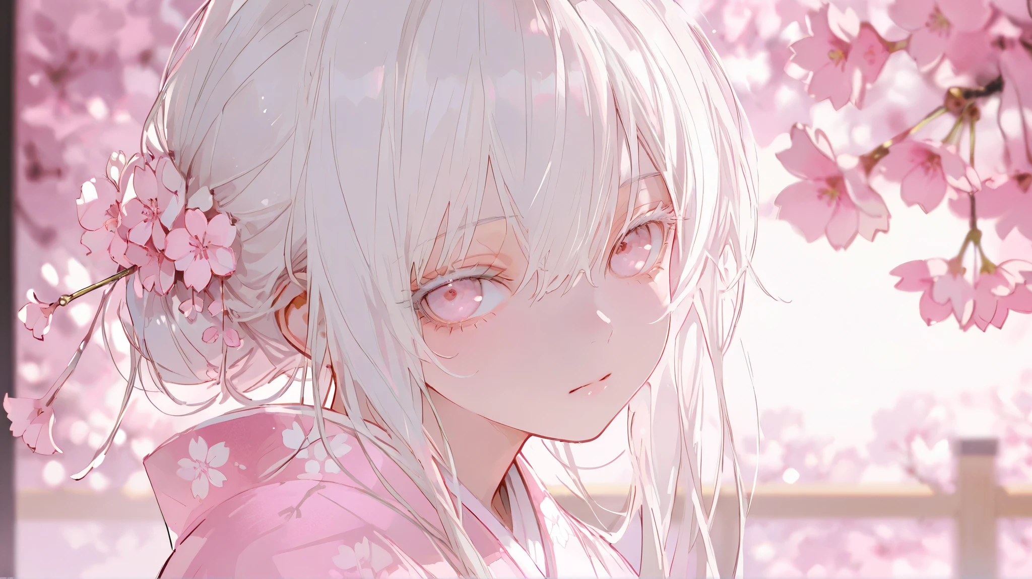masterpiece , best quality , good quality , average quality , very detailed , very beautiful , absurd , blurred background , depth of field , natural light , soft lighting , hair detail , sensitive , one girl , solo , staring at the viewer ,white hair ,light pink eyes ,white eyelashes ,pink kimono , cherry blossom background