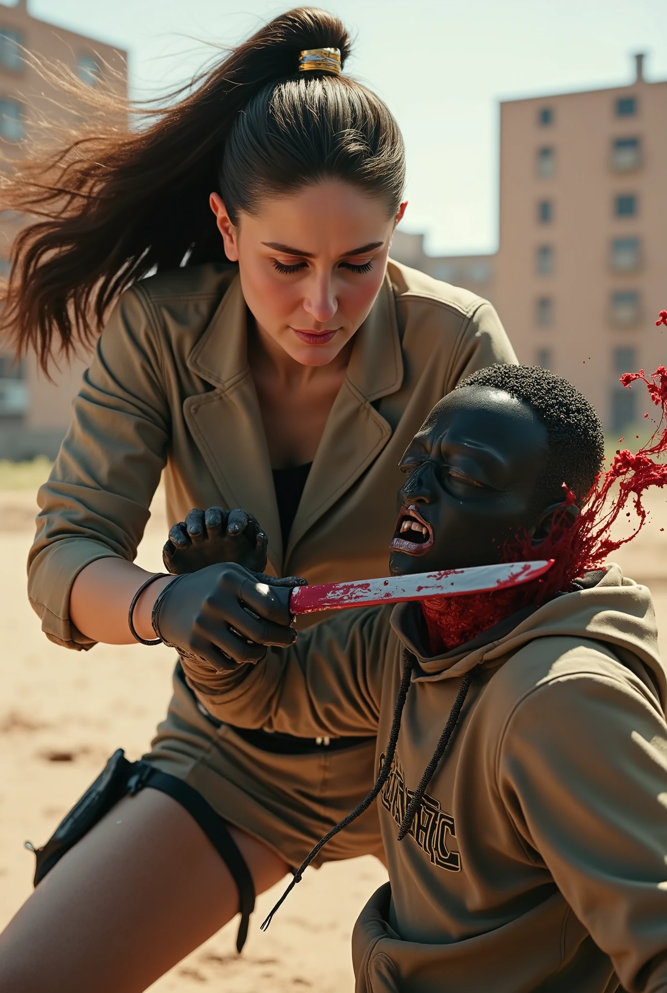 Realistic, A Very beautiful woman, woman very thick hair, boy hoodie, woman kill boy, woman very big breast, woman slaughters boy neck like a lamb, boy neck is flowing with blood, woman knife, boy dead, boy full face mask