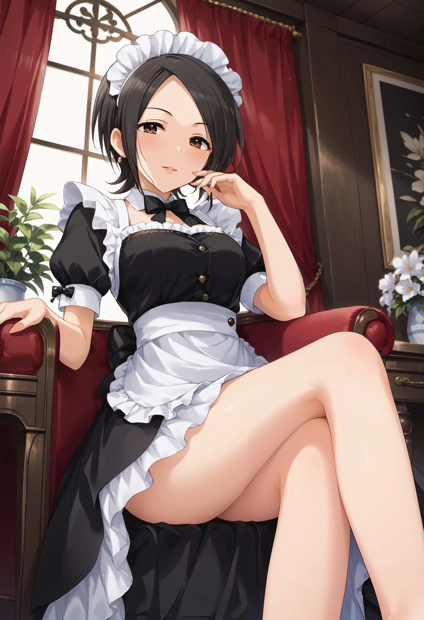 iroiro,1girl,full_body,sitting,crossed legs,
black dress,see-through, frills,smile,looking at viewer, large breasts,
simple background, white background,
, <lora:iro6:1>