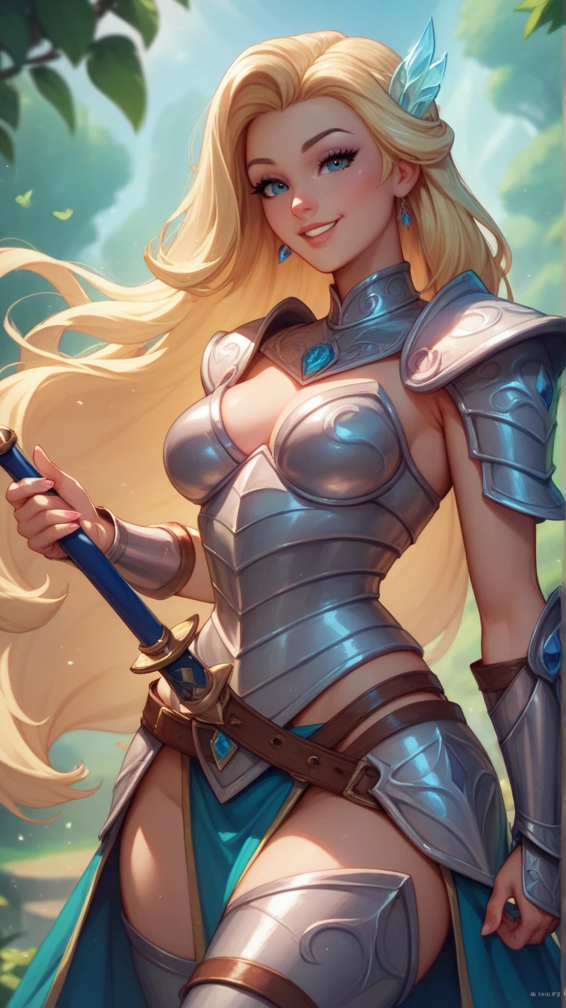 Sexy female warrior with transparent golden crystal armor and a crystal sword, uncovered body, round ass, big breasts