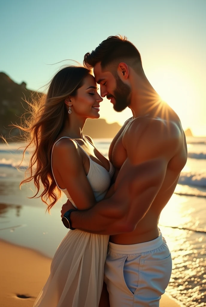 Casal de namorados em uma foto Grinning na praia. He is a strong, dark-skinned, tattooed man, short hair and no beard. She is black with straight black hair, Grinning
