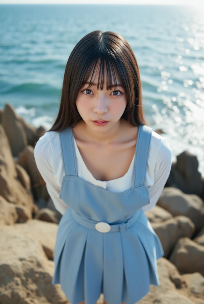 (((Top-down configuration:1.33)))、((No underwear:1.55))、One Girl、Beautiful and detailed eyes and face、barefoot、20 year old cute Japan woman, ((Extremely precise and accurate anatomy:1.0)), (photo Realistic:1.4), (hyper Realistic:1.4), (最高品質のRealisticな肌の質感:1.4), (Improvement of quality:1.4), (Enhances the beauty of skin texture:1.1), Clean and glowing skin, mesh, thin:1.2, (Realistic:1.3), Realisticなライティング, (Smoother lighting:1.05), (Improving the quality of cinema lighting:0.9), Backlight, A gentle light on your face, Ray Tracing, (Bright light:1.2), 32k, One Japanese woman, fine grain, Detailed face, (Film Grain:1.1),(Accentuates body lines:1.1), High resolution, Natural look, Kind eyes, Improves hair quality, Delicate light and shadow, Transparent muscles, Graceful pose, Beautiful Eyes, Sharp details, Soft light reflection, Beautiful contours, Delicate skin tone, Fine hair texture, Natural background, (((sunny day、Beach、A strong wind is blowing、Her hair and skirt are flying、Squat, Traditional navy blue sailor uniform、Open shirt、Pleated skirt、Scooping seawater with hands:1.25、splash、Sandy Beach、Light of the sun、clear blue sea、The waves crash quietly、Blue sky and white clouds、green mountain々、Beautiful Nature、The joys of youth)))、