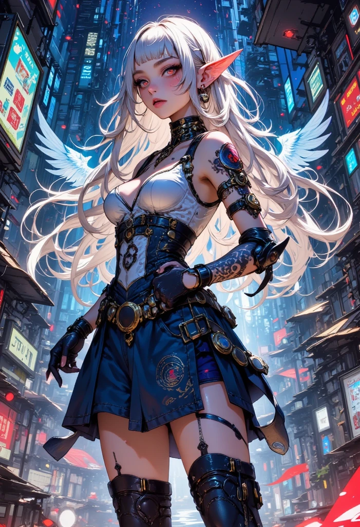 CG K Ultrarealistic ,((premium、8k、32K、masterpiece、NffSW:1.3)), (superfine illustration)、(super high resolution), (((adult body))), (((1 girl with white wings on her back:1.5))), ((( short hair bob ))), 25 year old cyberpunk gladiator with perfect body, Shoulder pads with metal spikes., Gladiadores in Brooklyn, (( short hair bob )), Torn rugby team t-shirt, Almost naked in the wild urban style of Simon Bisley, short blonde hair, minimal clothing, Metallic protection on the left arm with complex graphics...., Dark red with white stars and blue and white stripes., armor, Full of spikes and rivets., poison tattoo (((Image from the knee up))), short white blonde hair, In the background、 There is a wall with an intricate design painted by Shepard Fairey....