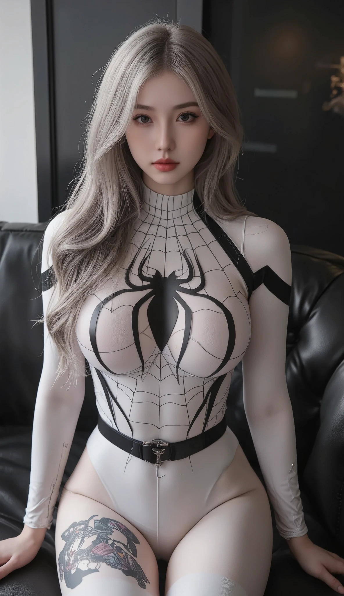 White hellokitty bikini Internet celebrity real big breasts dew point tall white hair black hellokitty panties spider tattoo feminine sexy action hand squeeze chest nipple protrusion