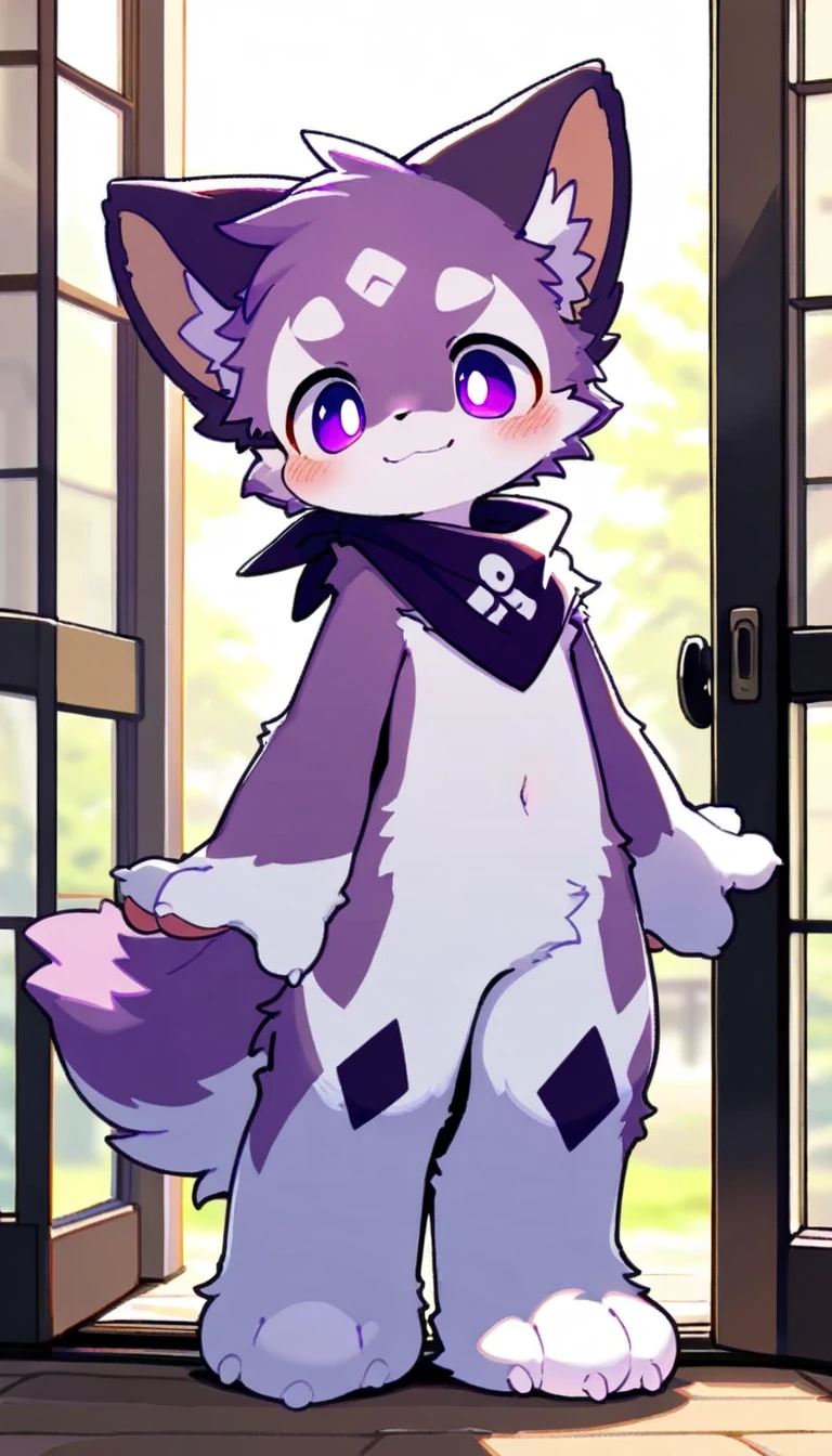A male rabbit have fur light brown with purple colour eyes, wear a Purple scarf