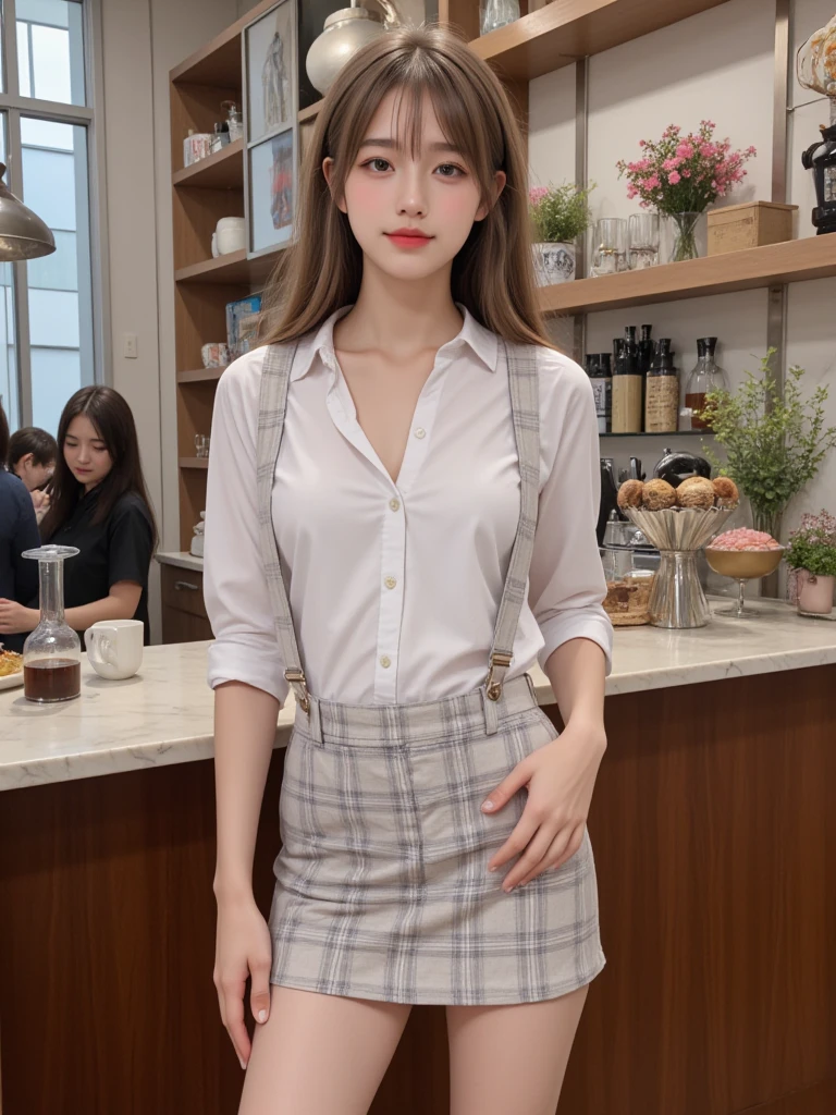 1 girl, (8k, RAW photo, best quality, masterpiece: 1.2), (realistic, photo-realistic: 1.37), ultra-detailed, beautiful, solo, beautiful detailed sky, detailed coffee, night, sitting, (flushed nose), (smile: 1.1), medium breasts, beautiful detailed eyes, long brown hair, (collared shirt: 1.1), bow tie, pleated skirt, (short hair: 1.2), long hair, taking big ice cream,
