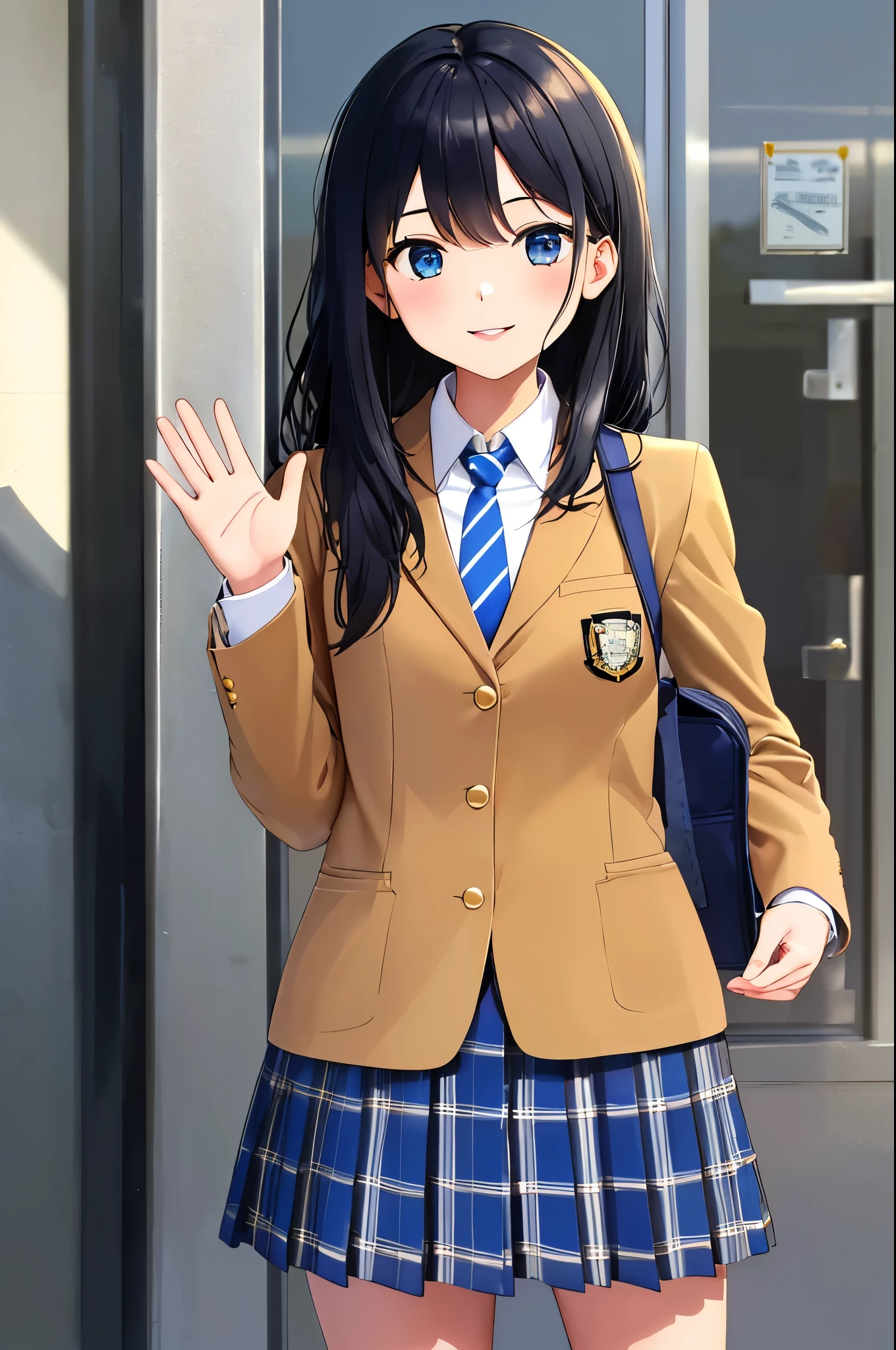 masterpiece, best quality, absurdres, perfect anatomy, 1girl, solo, high school student ,black hair, school uniform, camel blazer,buttoned blazer, blue striped tie, blue checkered plaid skirt, thigh,standing,waving ,school entrance , closed mouth,from front, glossy lips cowboy shot ,smile ,holing a school bag