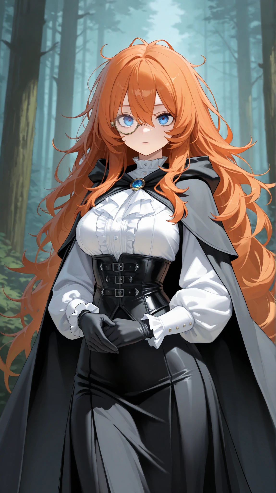 absurdres, (((HD))), (((Ultra High Quality))), ((hyper detailed)), ((detailed eyes)), (((8K))), ((perfect face)), ((masterpiece)), 1girl, expressionless, long hair, messy hair, blue eyes, monocle, orange hair, medium breasts, white blouse, small black cloak, jewelry, frills, black corset, long black skirt, puffy sleeves, black leather gloves, black pant, forest background