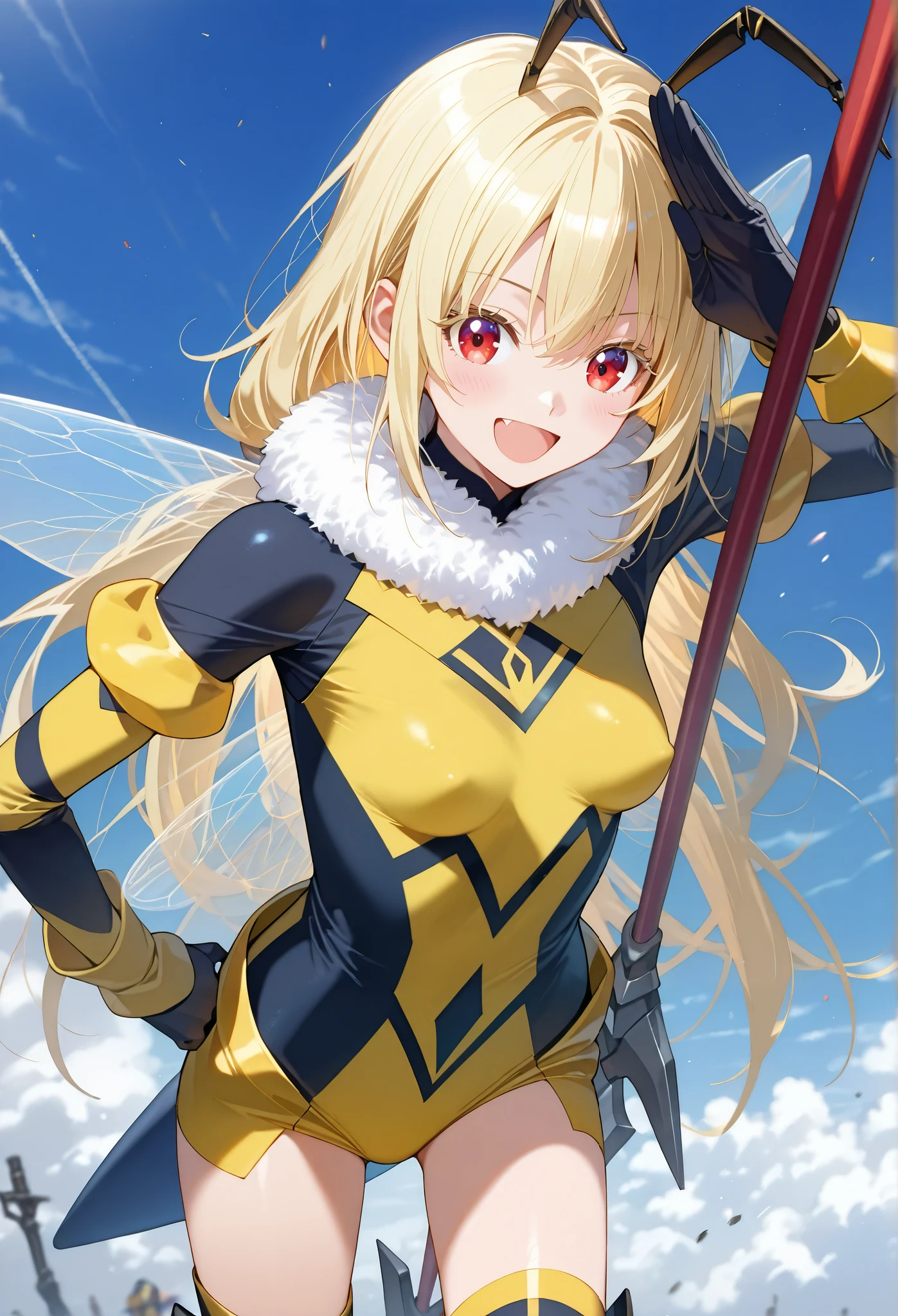 ■構図■view from above,She is positioned in the center of the image,
■背景■The background features a light-blue sky dotted with fluffy white clouds,Battlefield visible in the distance,
■People■(Beautiful Girl Who Cosplay as a Bee:1.3),(loli:0.3),salute,
■顔■blonde long hair,(detailed blonde eyelashes:1.2),laughing,looking at viewer,
■Body Type■Skinny,perky breasts,small breasts,
■服装■holding a large, weaponized, honey-colored, spear or wing-like structure. The woman's attire consists of a form-fitting, bright yellow bodysuit with black accents, resembling a stylized bee-like costume.(Exposed thighs:1.1),frilled body suit,military style,Transparent bee wings,bee antenna