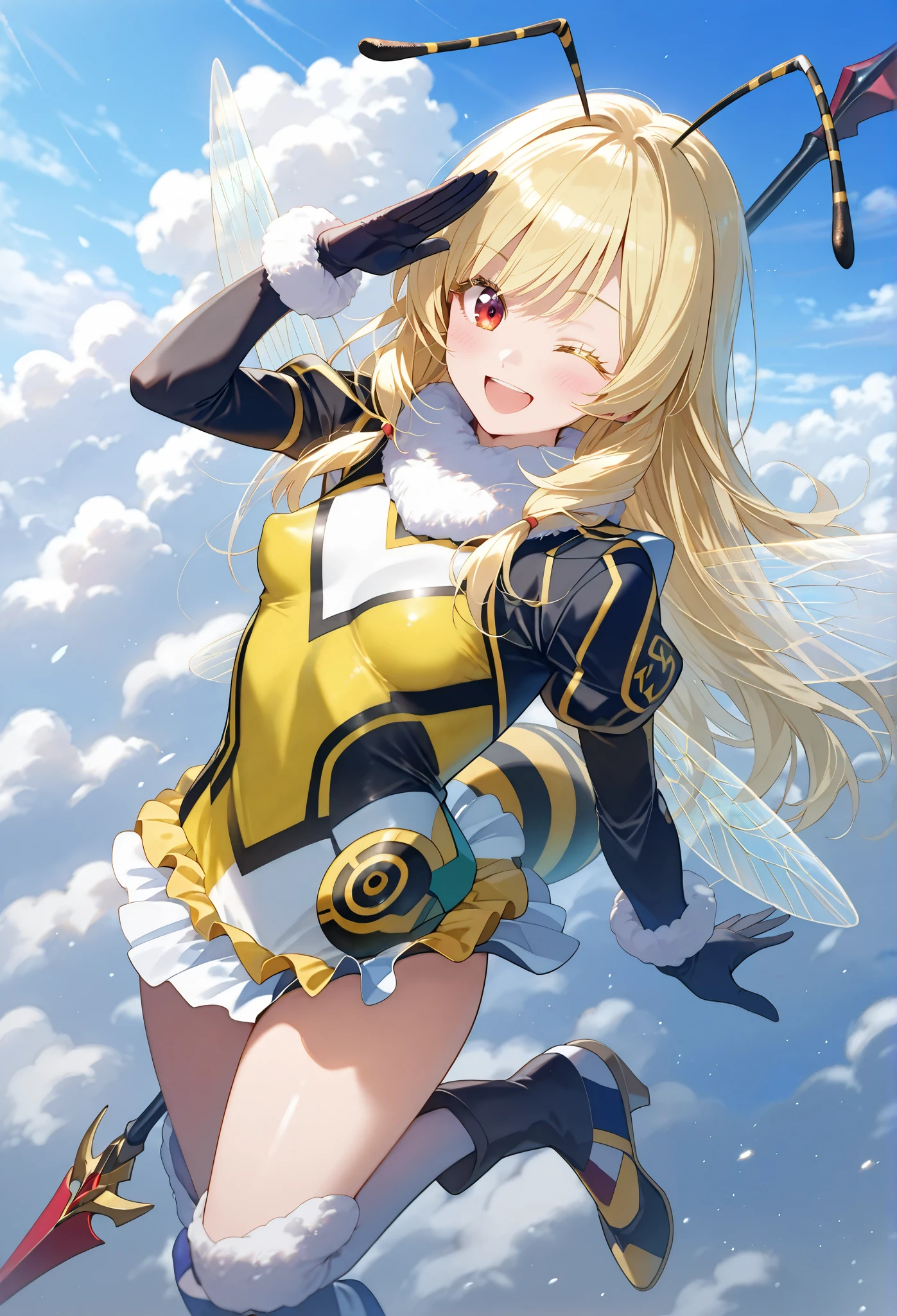 ■構図■view from above,She is positioned in the center of the image,
■背景■The background features a light-blue sky dotted with fluffy white clouds,Battlefield visible in the distance,
■People■(Beautiful Girl Who Cosplay as a Bee:1.3),(:0.3),salute,
■顔■blonde long hair,(detailed blonde eyelashes:1.2),laughing,looking at viewer,
■Body Type■Skinny,perky breasts,small breasts,
■服装■holding a large, weaponized, honey-colored, spear or wing-like structure. The woman's attire consists of a form-fitting, bright yellow bodysuit with black accents, resembling a stylized bee-like costume.(Exposed thighs:1.1),frilled body suit,military style,Transparent bee wings,bee antenna