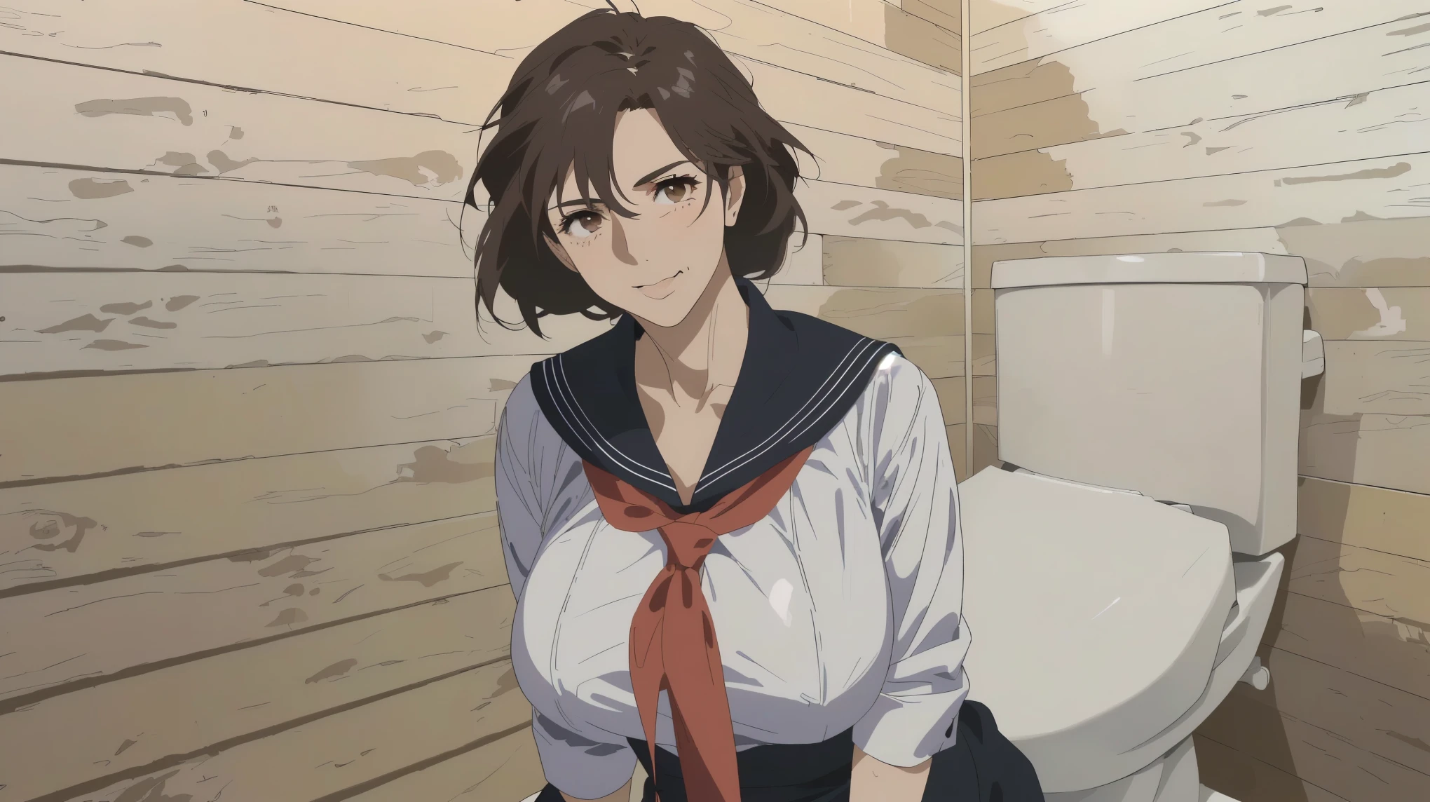 best quality, mature mom, Quiet mature Mom , ((( Small Wrinkles Around His Eyes and Mouth :1.2)))、detailed face, brown hair, Mesh Bang Hairstyle, brown eyes, (Big Breasts), shy and embarrassed mature mom, (mature mom in tight and white sailor suit:1.3) ,(red scarf with black nose:1.4)、 there is toilet with wood walls ,(Simple Western-style whight toilet.Move to the right edge of the screen:1.2), realistic high school mature mom , female protagonist 👀 :8, Bewitching Anime mature mom , Makoto Shinkai ( Apex Legends ), Fine details, a hyper realistic high school mature mom , charming anime mature mom