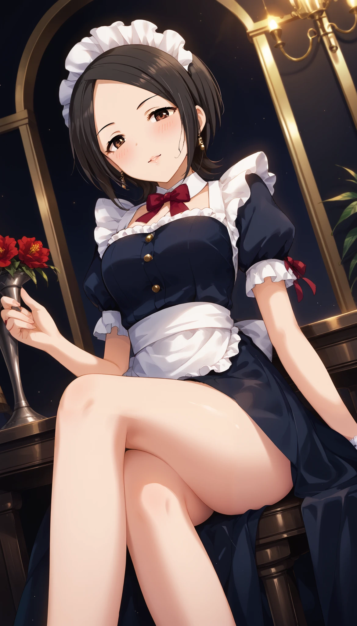 Tougou Ai、black maid outfit、(low angle)、sit on a chair、leg crossed、 Ulchan-6500-v1.1, ( RAW photos :1.2),  beautiful detailed , in white for summer very detailed目 美しい目, beautiful eyes、Brown Eyes 、 file size is large, High Resolution, in white for summer very detailed, top quality, [masterpiece:1.6], Awareness-raising, in white for summer very detailed, CG, finely, top quality, 8K wallpaper,  Perfect Body 、dynamic、in white for summer very detailed、short hair、 black hair、blush、Slim and beautiful thighs、Bare legs