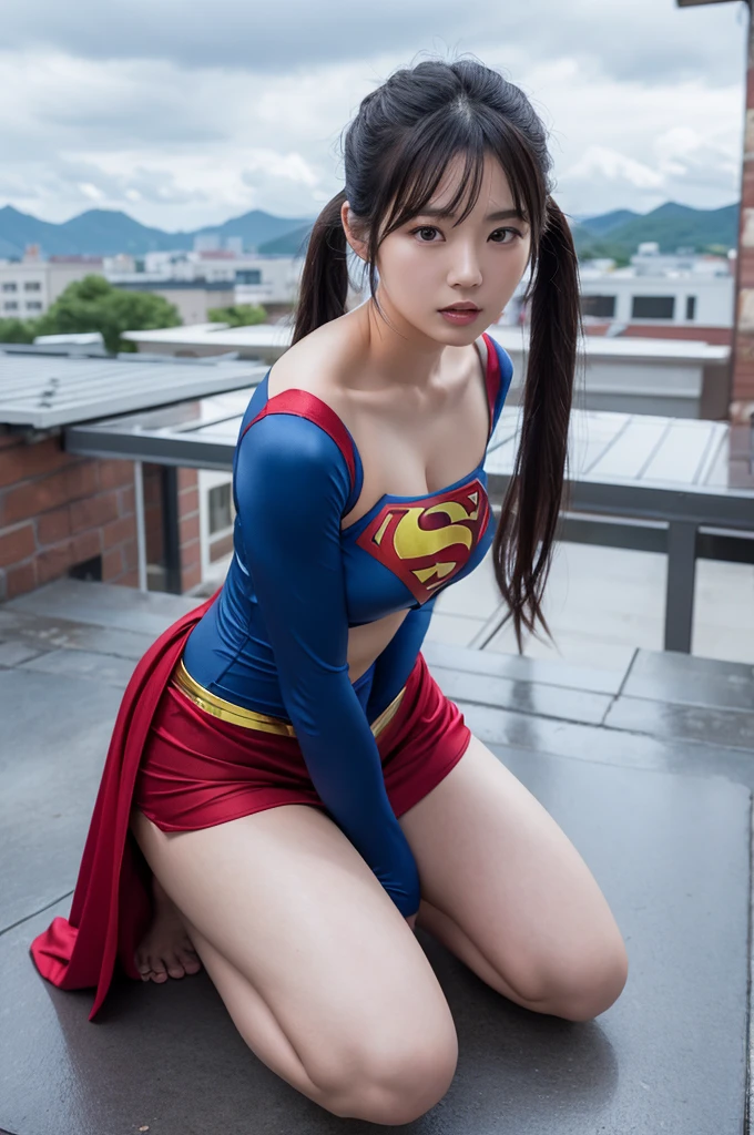 masterpiece、supergirl costume、short hair、barefoot、big and full breasts、Crisis situation、Complete surrender、prison、in a cage、sense of abuse、kneel down、sweaty、shiny、looking at camera、Seduce、choker、long sleeve、red sexy pose、POW camps、humiliating、