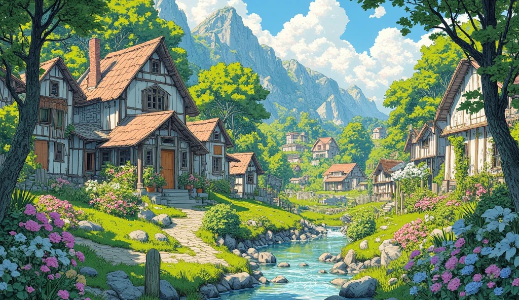 A serene nature village nestled in a lush green valley, soft sunlight ...