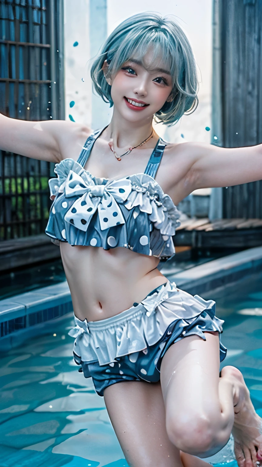 The background is morning,The morning sun shines,(((happy smiling face,Short hair, beautiful, shiny light blue hair:1.4),silvery mesh)),(((cute swimsuit, Polka dot bikini, frills, bow, halterneck,sweaty face and body:1.3,stand up and raise your arms,Beautiful, wrinkle-free sides))),1 girl,Japanese,21 years old,(beautiful accurate young hand:1,big breasts:1.3),(top quality,masterpiece:1.3,super A high resolution,),(Very Detailed,caustics),(photoreal:1.4,RAW shooting,)super realistic capture,very well detailed,high resolution 16K human skin close-up。 natural skin texture、,Pores、、、、、、、、must be detailed enough to be easily identified。 skin should have a uniform, healthy tone。 Use natural light and color, sad expression, look at the camera, perfect dynamic composition, (((A resort pool with a sense of openness:1, jump pose :1.3))),(((Dynamic Composition:1.8))),NFFS