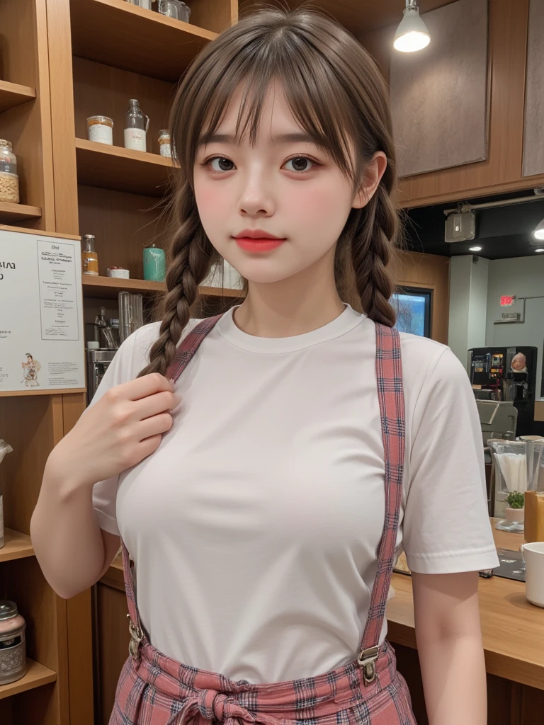 (in 8K、Raw photography、Highest Quality、realisitic、Photorealsitic, Looking at the camera, Light on Face, Gray background, upper body shot), 28 year old Japanese woman, average appearance, fast food uniform, Serving customers at the store:1.6, Talking:1.9, mouth open:1.3, I have a product:1.7, I'm stopping calling:2.0