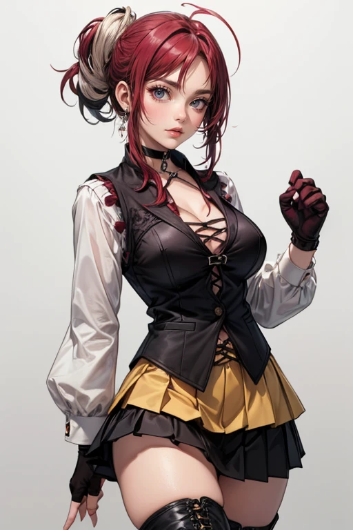 (NSFW:1.2), (8K, RAW photo, best image quality, masterpiece: 1.4), (Highly detailed CG Unity 8K wallpaper, highest quality, High resolution: 1.2), (ultra_be familiar with, UHD: 1.2), super highly be familiar with, (realistic, realistic: 1.48), 1 girl, clear eyes,large breasts,shiny hair, beautiful be familiar with cold face,enchanting smile, Beautiful and delicate eyes with intricate details,very accurate details,skin dents,outdoor,perfect face,perfect body, beautiful eyes, beautiful face,an illustration of a young woman in tight fitting outfit holding a whip, 1girl, houshou marine, solo, virtual youtuber, breasts, twintails, red hair, heterochromia, thighhighs, red eyes, yellow eyes, skirt, white gloves, gloves, long hair, looking at viewer, hair ribbon, ribbon, white background, red skirt, smile, ascot, blush, large breasts, pleated skirt, covered navel, sleeveless, brooch, see-through, jewelry, red ribbon, cleavage, lace-trimmed legwear, red ascot