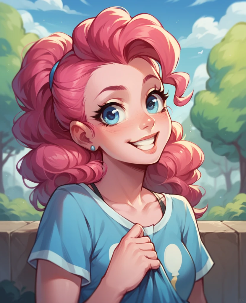 score_9, score_8_up, score_7_up, score_6_up, score_5_up, score_4_up, source_anime, rating_suggestive, (pinkie pie, pale skin), hair ribbon, ponytail,skirt, shirt, nipple bulge, happy, reaching towards viewer,masterpiece, detailed soft lighting, outdoors,<lora:mfcgXL:1>