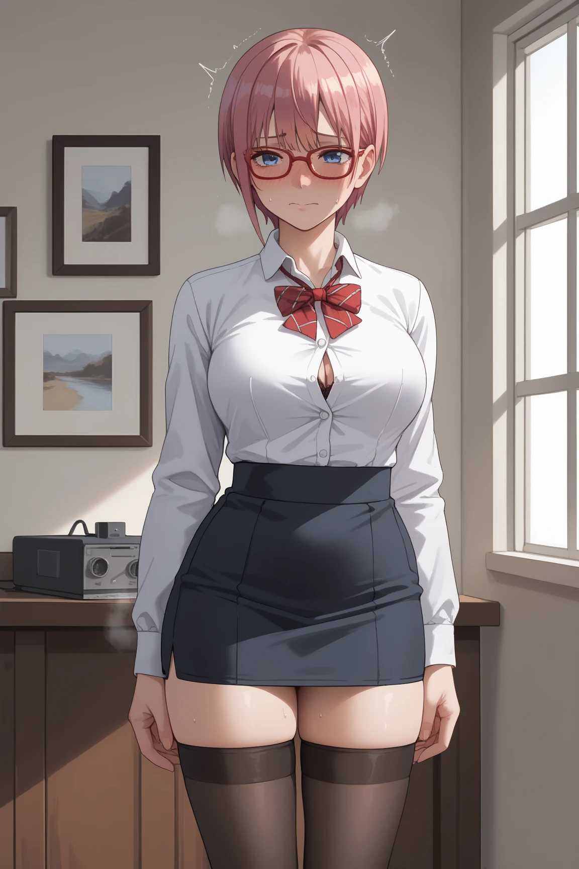 ichikanakano, ichika nakano, short hair, bangs, blue eyes, hair between eyes, pink hair, big breasts , OL, red glasses, end, black suit jacket with open front, white dress shirt, collared shirt, neckline, button, strap,morning日,morning, black pencil skirt, black pantyhose, stiletto heels,
break looking at viewer, whole body,
break outdoors, School school gate,
break (masterpiece:1.2), highest quality, High resolution, unity 8k wallpaper, (figure:0.8), (detailed and beautiful eyes:1.6), highly detailed face, perfect lighting, Very detailed CG, (perfect hands, perfect anatomy),