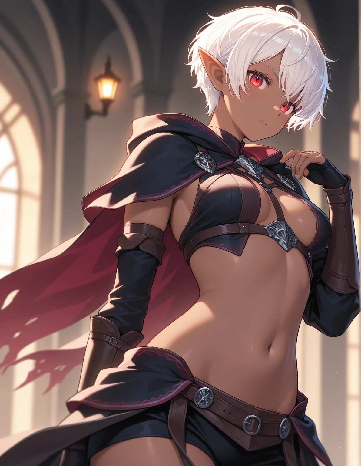 Solo, 1Girl, Elf Girl, White Fluffy Wavy Hair, Pixie Cut Hair, Ahoge on Top of Head, Heterochromia Eyes: Red Left Eye and Golden Right Eye, Long Elvish Ears, Brown Skin Tone, Slim Small Breasts, Slender Toned Body, Narrow Waist, Wide Hips, Big Shapely Ass, Thick Squishy Thighs, Leather Light Armor, Golden Accessories, Black Choker, White Hoodie, Black Shorts, Fancy Garter Belts, Holding Dagger, Standing in Lush Forest, Furrowed Eyebrows, Stoic Expression, No Smile, Masterpiece, 4K Resolution