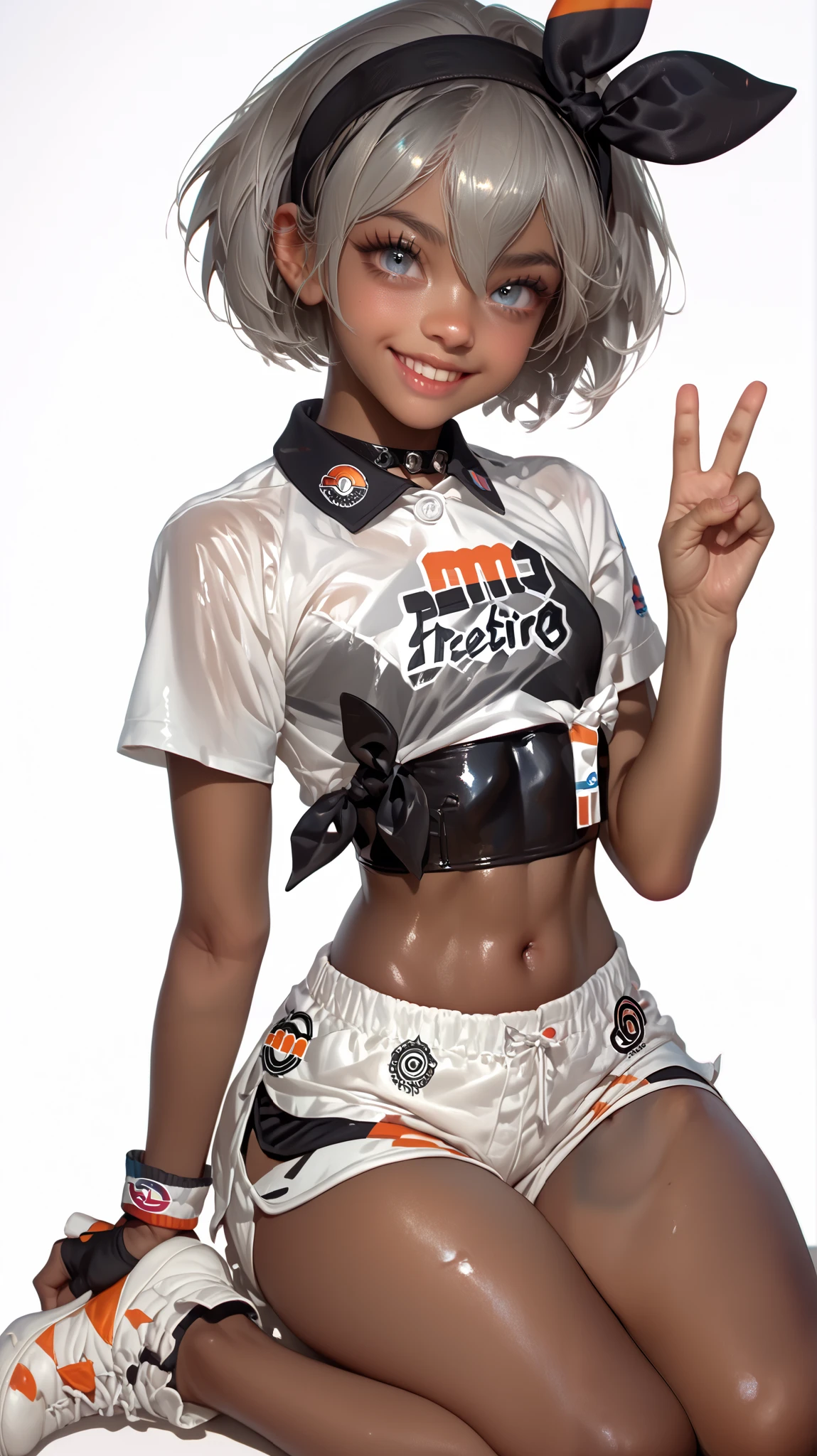 score_9, score_8_up, score_7_up, 1loli, 1child body, ite, small, young, looking at viewer, pokemonbea, blue eyes, dark skin, dark-skinned female, grey hair, hair between eyes, short hair, ribbon, hair ribbon, hairband, black ribbon, black hairband,
bodysuit, covered navel, shorts, single glove, glove, crop top, white shirt, short sleeves, collar, white shorts, sitting, smile, happy, peace sign, fully clothed, full body,
