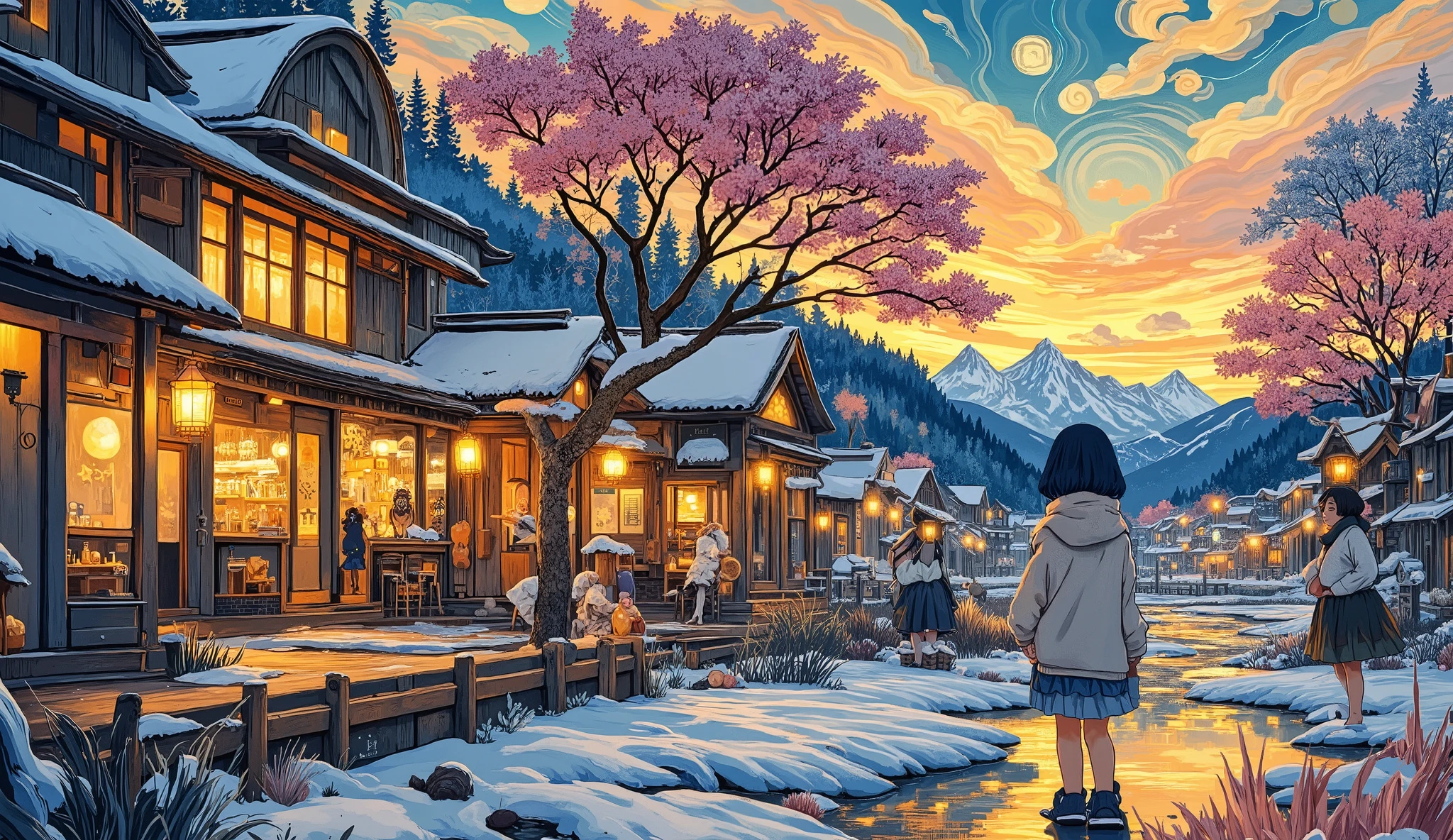 A serene night-time Japanese cafe, softly illuminated with warm lights, viewed from outside, tranquil atmosphere, subtle reflections on the window, inviting ambiance --ar 16:9 --s 120 --no people

