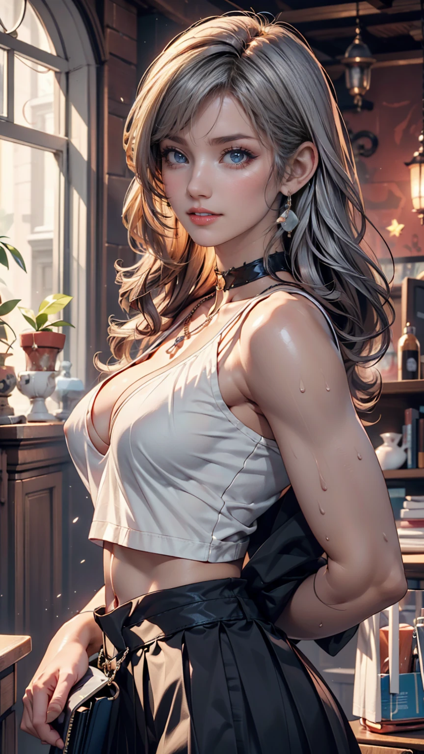 masterpiece, highest quality, Super detailed),(One girl), blue eyes, short hair, Brunette, Dynamic Angle, Dynamic pose, Natural light, floating, (Color Top:1.2|Black Top), (Tight Skirt:1.2|Leather pants:0.9), (Silver Bracelet:1.2|clock), (Natural background:0.8| Cityscape), (smile:0.8| Serious expression), (Light in the hair), lots of water droplets:0.8