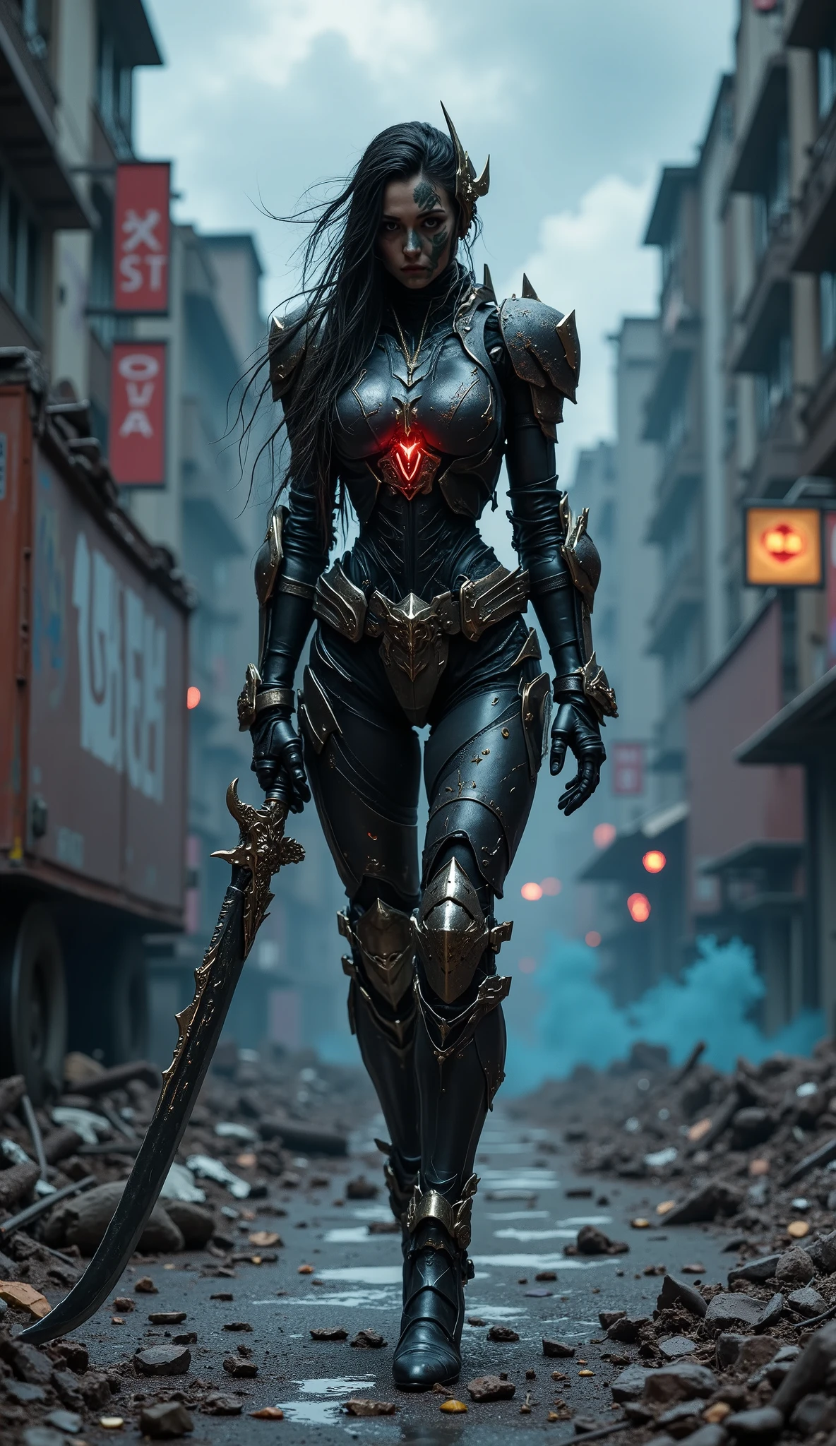 - Main Character, Adult Woman "Faroe Islands", Beautiful, tall, long legs, full of tribal tattoos that are clearly visible.
- Wearing a costume ("Full Sexy Armor"), a costume that embodies the form of "KAMEN RIDER", (Armor Chest and Thighs slightly open).
Futuristic Costume Design, looks high-tech details.
There is a "RIDERS" symbol lit up on the costume.
- Sexy and athletic body shape.
Perfect curves, big breasts, wide hips, flat and slim stomach, big buttocks.
- High heels are very detailed, hand guards, knee and elbow armor.
- The costume is dominated by the color Black with a combination of Silver.
- Pose: Walking across the wreckage of a broken and rusty Truck. Holding a Long Serrated Sword.
City streets, Road signs, graffiti on the walls.
Night, Dark, silent, Mystical blue smoke.
"FANTASY".