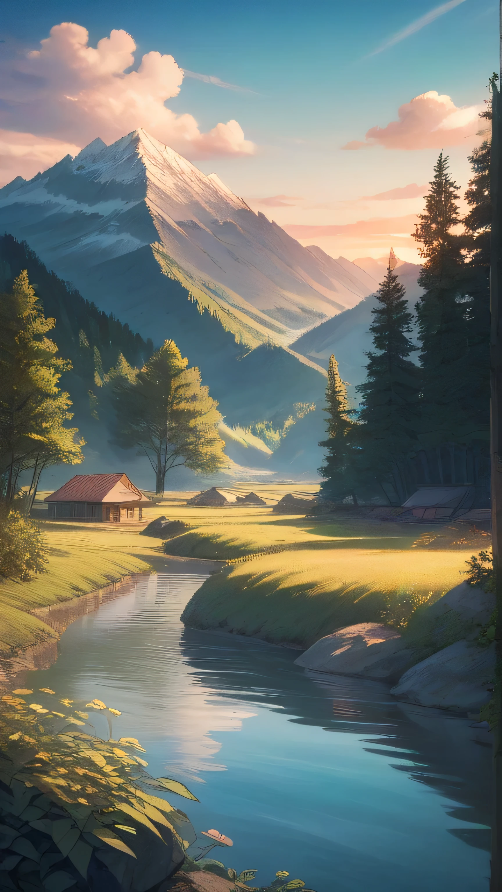 boy in landscape, peace solo, 8k, extremely detailed, photorealistic, professional photography, highly detailed facial features, serene expression, sitting on rock, mountains in background, sunset sky, golden hour lighting, beautiful scenery, lush foliage, calm pond, atmospheric depth of field, anime-inspired art style, digital painting, vibrant colors, warm palette