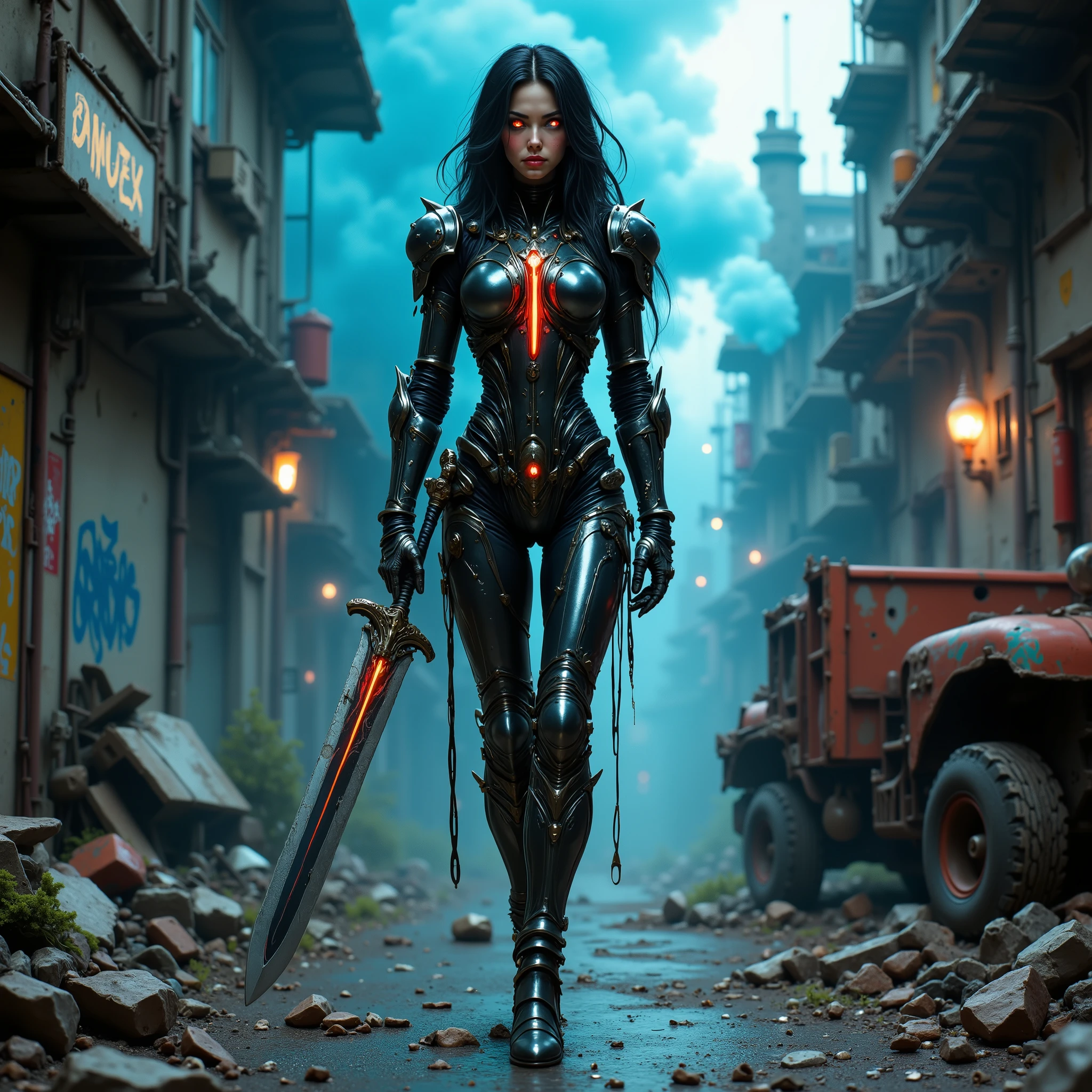 - Main Character, Adult Woman "Faroe Islands", Beautiful, tall, long legs, full of tribal tattoos that are clearly visible.

- Wearing a costume ("Full Sexy Armor"), a costume that embodies the form of "KAMEN RIDER", (Armor Chest and Thighs slightly open).
Futuristic Costume Design, looks high-tech details.
There is a "RIDERS" symbol lit up on the costume.

- Sexy and athletic body shape.
Perfect curves, big breasts, wide hips, flat and slim stomach, big buttocks.

- High heels are very detailed, hand guards, knee and elbow armor.

- The costume is dominated by the color Black with a combination of Silver.

- Pose: Walking across the wreckage of a broken and rusty Truck. Holding a Long Serrated Sword.
City streets, Road signs, graffiti on the walls.
Night, Dark, silent, Mystical blue smoke.

"FANTASY".