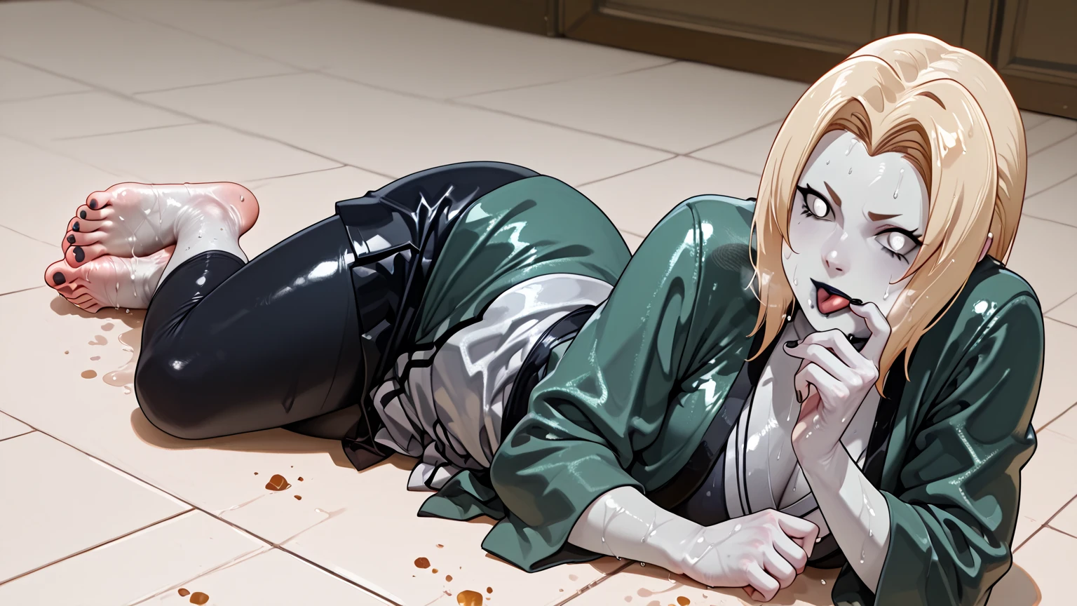 A zombie woman, pale skin, grayish skin, Shiny black nails   , white eyes,    simple bottom   , Lying on the floor, hand on tongue, sticking out your tongue,  black lips, ,  pies descalzos,    long black nails, musky feet, musky odor, feet odor  , full body, skirt, sweaty body,  feet towards the spectator , sweaty feet,  focus on the feet,   stinky feet  , musky feet,,  Tsunade