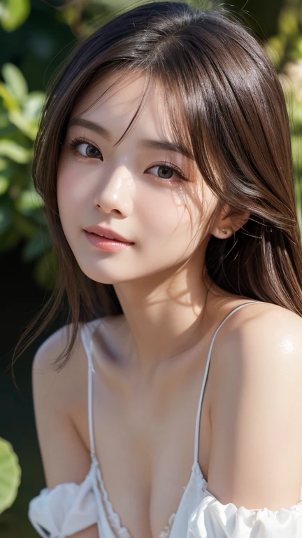 ((masterpiece: 1.4, best quality))+,(ultra detail)+, official art, unity 8k wallpaper, ultra detail, beautiful, high quality, Highlight your cute face, masterpiece, best quality, semi straight medium length hair, (brown eyes, brown hair), bust, 70 degree side view, laugh, Swimsuit model in pink and white pattern, (bust:1.3)