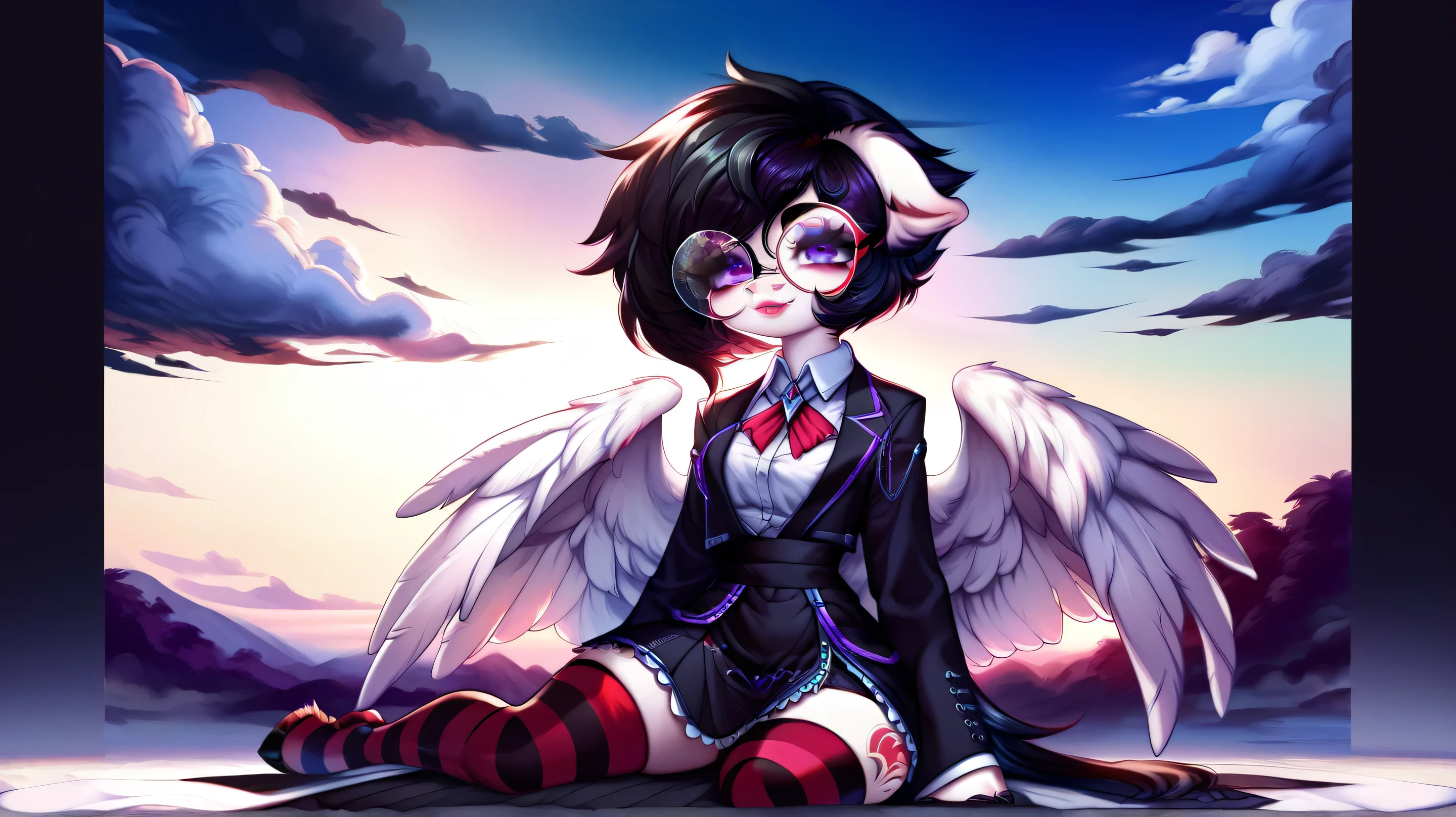 furry,1 girl , full length, solo, white coat color, white body color , white face color, girl, , extra large black round glasses, fluffy ,
clean glasses without reflections, purple eyes, short hair, black hair shone purple, horn, pegasus wings, chest, waist, striped stockings , black skirt with stripes, Japanese clothes, white shirt, black blazer, red neck bow,soft big lashes, glitter face ,succubus tattoo, black manicure , small lips ,cloud environment, Cute, soft character, sweet soft face, easy smile, sits on the splits, you can see the full character, soft style less details,