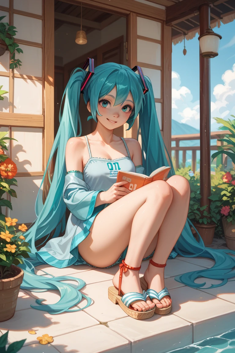 Under the sunlight filtering through the trees、sitting in a chair reading、Hatsune Miku in a bikini。There is a waterfall nearby。４K