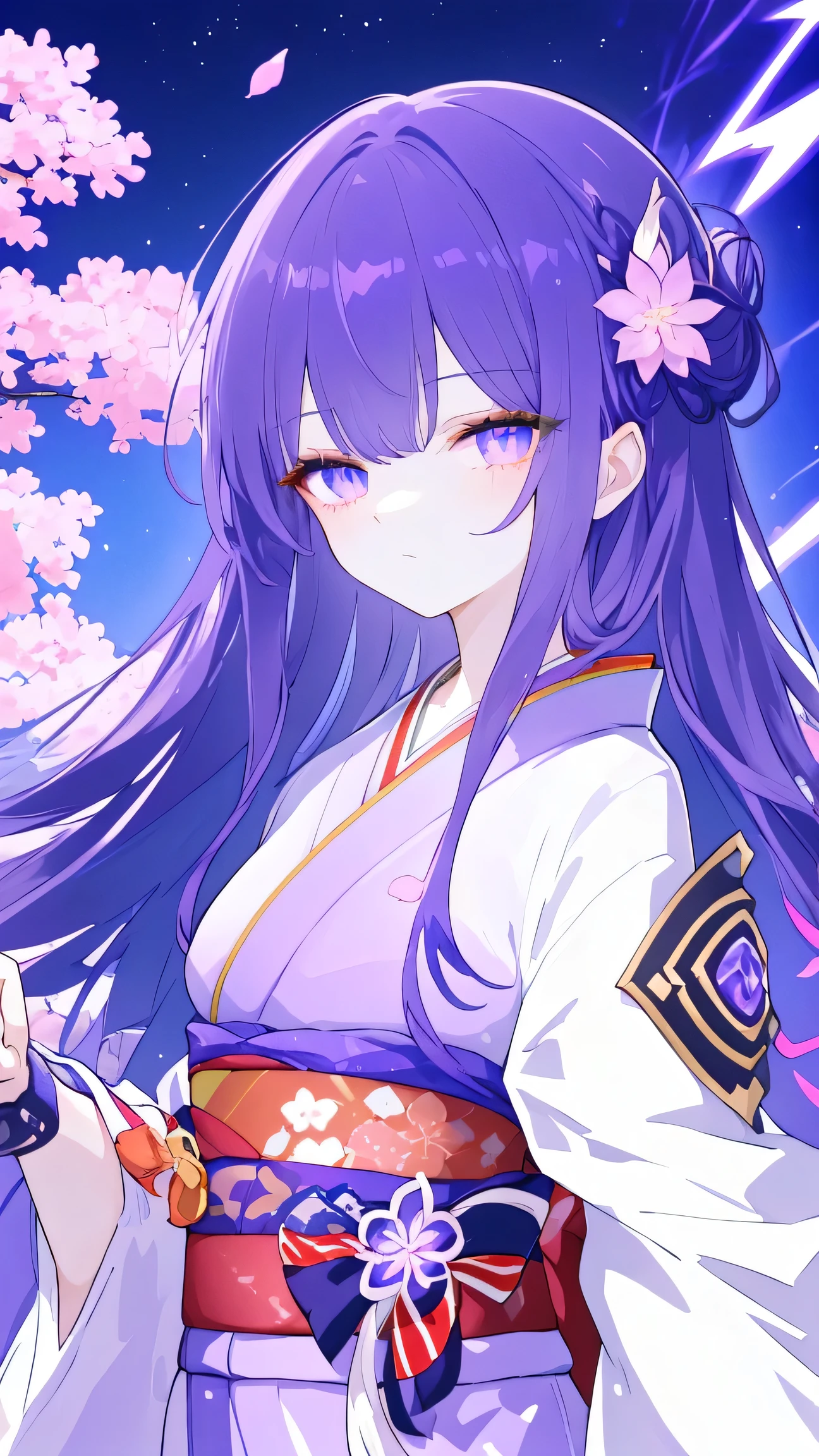 Masterpiece, Best Quality, Top Quality, Very Detailed, A powerful warrior empress with long, flowing dark purple hair and glowing violet eyes stands amidst a field of blooming cherry blossoms. Dressed in a regal kimono-style armor adorned with intricate patterns and a lightning emblem, she wields an ethereal blade crackling with electrified energy. Her expression is calm yet commanding, exuding an aura of absolute authority. The night sky behind her glows with a mystical purple hue, while a shadowy, otherworldly guardian looms in the background, its piercing blue eyes watching over her. The air crackles with arcs of electricity as petals swirl in the wind, emphasizing her divine presence.