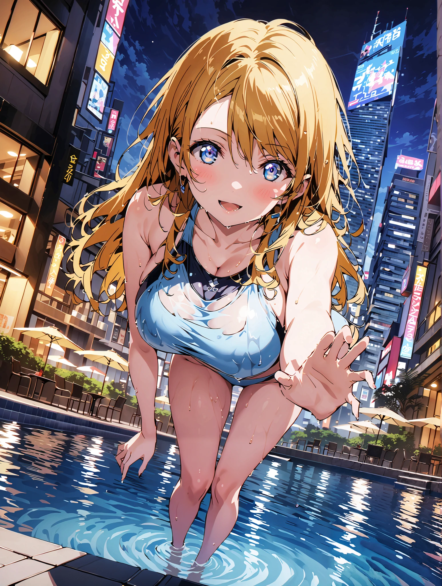 (masterpiece:1.3, Highest quality, Ultra-high resolution, Very detailed), (Realistic:1.1, photoRealistic:1.4), Beautiful illustrations, Perfect lighting,Written boundary depth, Beautiful detailsまでこだわった髪, Beautifully detailed face, Beautiful details, Beautiful clavicle, Beautiful body, Beautiful and juicy breasts, Beautiful thighs, Beautiful legs, View your audience, 1 girl,Perfect Face, (Perfect Anatomy, Anatomically correct), Cute and symmetrical face、Baby Face、((Shiny Hair)),(Beautiful views),(Outdoor,Blurred night cityscape),(かわいいsmile, smile)、Sexy Body、(masterpiece),(Highest quality:1.3),8k,Very clear,(Ultra-realistic), One Girl,Wide Shot,((Large Breasts)),Wide Hips,Beautiful legs, Captivating woman、(masterpiece、Highest quality、Very detailedな)、(())、((blonde,short hair, Twin tails, Two Side Up Hair,Curly Hair))、((とてもLarge Breasts:1.5))、Cleavage、,(Highest quality), Realistic, (Live Action, Intricate details), ((Immature nude))、((Bold and sexy outfit)), ((Open your lips))、((Big green eyes)),((OutdoorBlurred night cityscape))、Are standing、Cowboy Shot