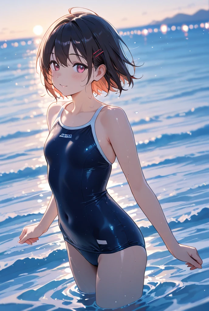 Highest quality、High resolution、Detailed Background、(Beautiful face in every detail:1.4)、Anatomically correct、(Detailed facial expressions)、(Fine grain:1.2)、age Beauty、Cute hair colour、Braided bob cut、((armpit)), Junior competitive swimmer, ((Turtleneck one-piece swimsuit)), Simple design without patterns, Clear sapphire glass swimsuit, Small breasts、Perfect body line、((Full body shot)), View your viewers, Poolside, Wet Skin, School swimming pool、 I'm tired from practice and a little sleepy., ((Shy laugh)), Holding the edge of her swimsuit, Gentle smile、Hands behind the body, Fun atmosphere、Cute gestures、