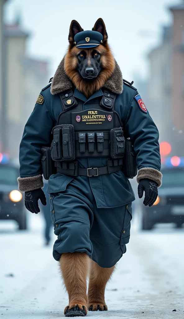 A full-body image of a humanoid Caucasian Shepherd with a massive, intimidating build, walking towards the camera in a heavy-duty Russian police uniform. It wears a thick, dark blue uniform with fur lining, a traditional Russian police hat, and a bulletproof vest with Cyrillic lettering. The hybrid has thick fur, a broad face, and deep, intelligent eyes. The background shows a snowy Russian city with Soviet-style architecture, patrolling police vehicles, and a cold winter atmosphere