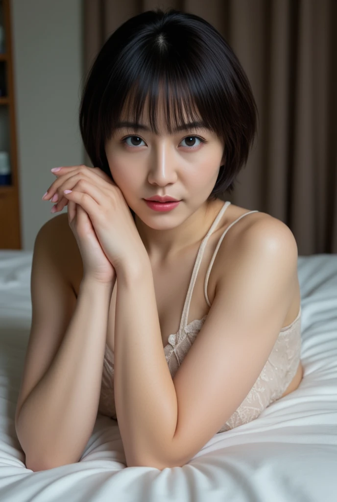 (Highest quality, masterpiece,8K, Very delicate:1.7), (Realistic:1.7), One Woman, Japanese, Full body photography, Shot in the room, Very beautiful face, underwear, Seductive pose,Professional Lighting, Natural Shadows