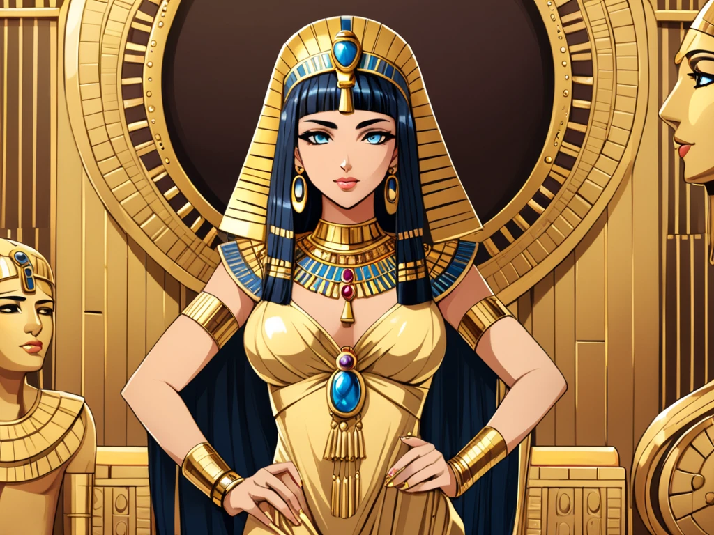 A portrait of a drop dead gorgeous Cleopatra, with intricate and detailed golden headdress adorning her bald head, dressed in a shimmering royal Egyptian gown, revealing her fit and slim waist, hourglass figure, and seductive curve, capturing her captivating and alluring gaze, with heavily lined and intense eye makeup, accentuating her elegance and power. HDR, dramatic lighting, with a cinematic shot, vivid colors, reminiscent of ancient Egyptian art, an ultra-realistic masterpiece. (events:1.1), antique, ancient Egypt, luxurious, royal, royalty, regal, powerful, Cleopatra, queens, majestic, historic