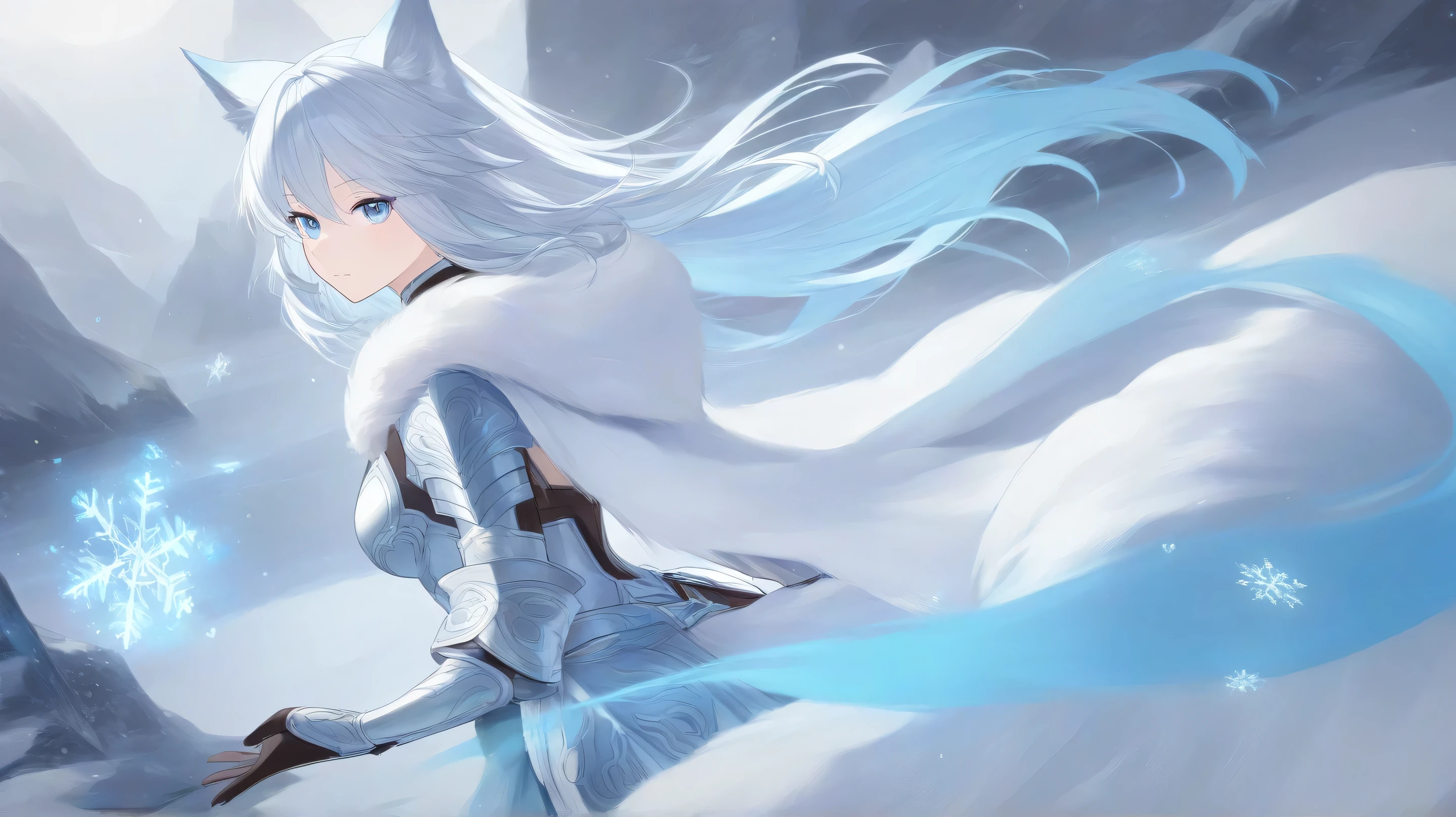 Masterpiece, Best Quality, Top Quality, Very Detailed, A mystical fox spirit with long, flowing silver hair and piercing icy blue eyes stands in the middle of a snowy landscape. Her delicate face is adorned with faint, elegant markings, and her pointed fox ears twitch subtly as snowflakes dance around her. She wears a shimmering silver and blue armor with intricate crystalline patterns, reflecting the cold light of the winter sun. A flowing, fur-lined cloak billows behind her, blending seamlessly with her nine ethereal tails. Ice crystals form in the air as she exhales softly, her gaze both serene and hauntingly powerful. The snow-covered mountains and frostbitten trees in the background complete the scene of her eternal dominion over winter.