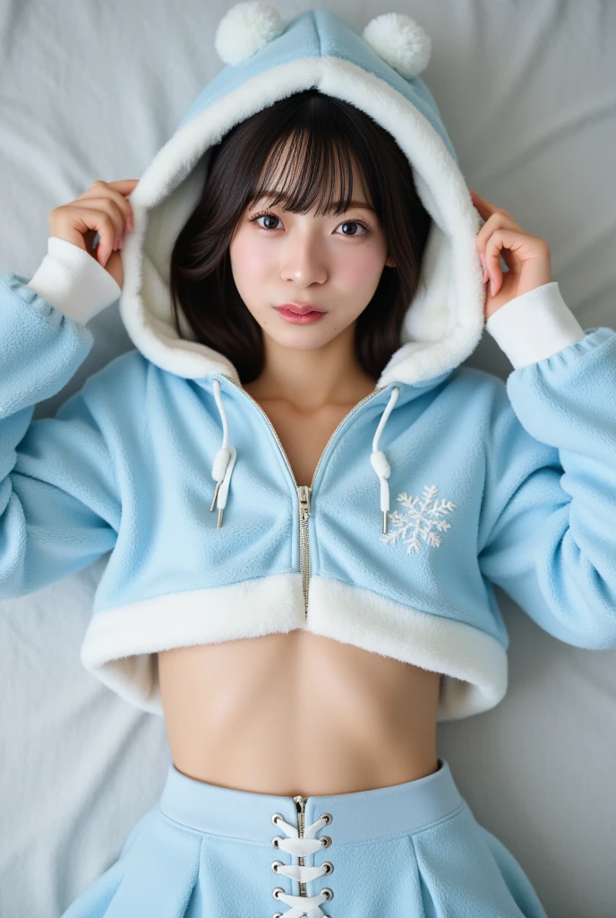 She wears fluffy white loungewear with light blue lines, has black hair, and has large breasts.