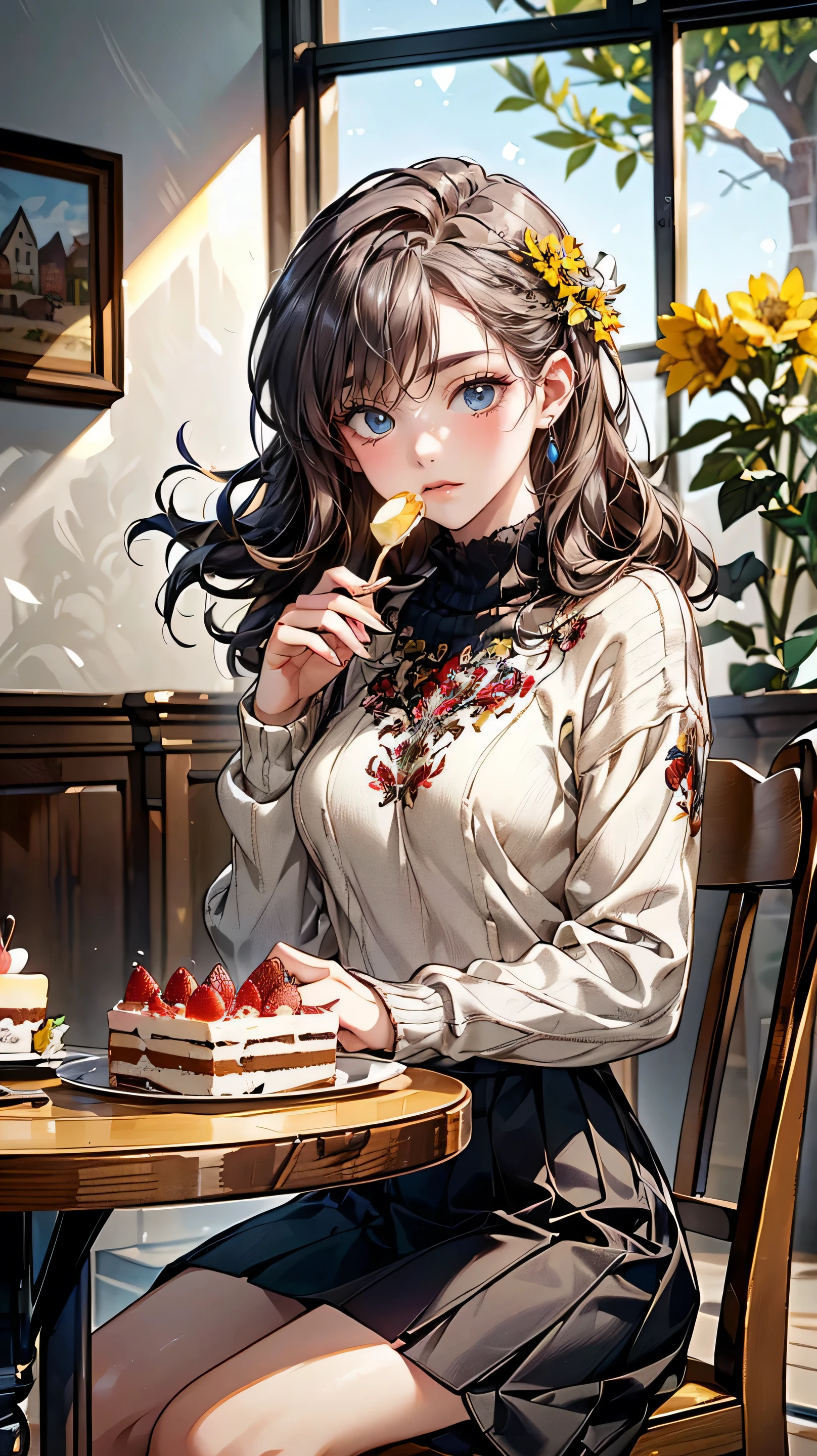 ((Highest quality)), 8k masterpiece, highest quality, ((Odd-eyed high school girl)), (((Heterochromia, red eyes, blue eyes))), ((Sparkling and precise eyes)), (Platinum and purple long hair), Stylish hair, ((Transparent and shiny skin)), Extremely fine skin, ((Very small breasts)), Mole on chest, Slender body, ((Beautiful embroidered sweater)), Tight skirt, Feather hair accessory, (((Sitting at a table in a beautiful cafe restaurant, eating cake with a spoon)), Eating cake,, Rape flower hair accessory, Smiling face, Anatomically accurate depiction, Detailed depiction even to the fingertips! Ultra-realistic, highest quality