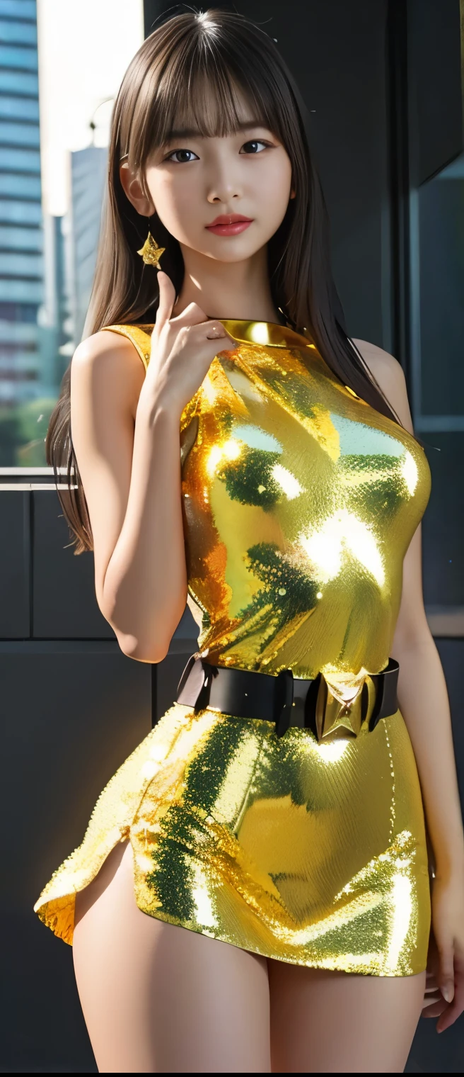 pure idol girl、A pure girl's face、 hypo、gold sequin tight mini dress、Sleeveless、、Glowing gold star、Hero Belt、