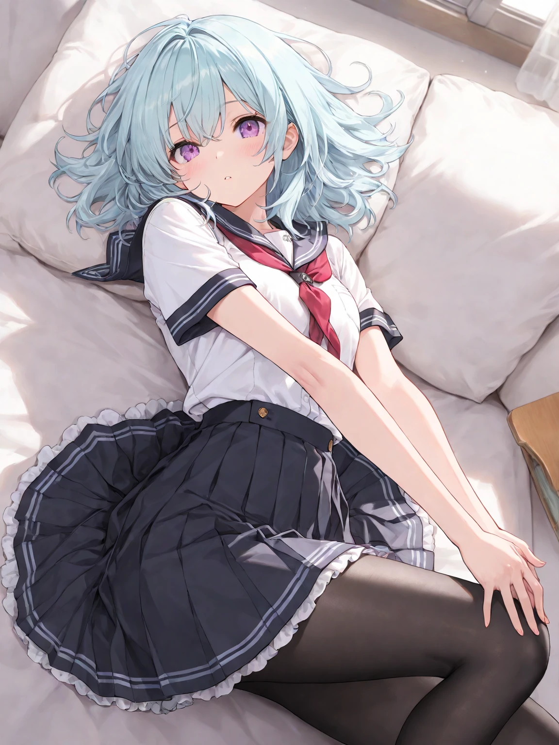 (((masterpiece))), (((best quality))), ultra-detailed, thigh, on bed, all fours,white hair,
black_serafuku,long sleeve, black_skirt, neckerchief, pleated_skirt, school_uniform, serafuku, skirt, blue green eyes <lora:mashiro2:0.8>