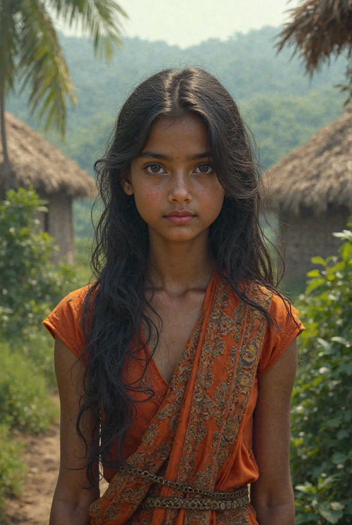 A curious young Indian girl with long dark hair in a braid, wearing simple traditional village clothing, stands at the edge of her rural village at dawn. She's looking up at the sky with wonder, one hand shielding her eyes from the rising sun. Behind her, thatched-roof houses and lush green fields are visible, with a forest in the distance. The girl's expression is a mix of determination and curiosity, symbolizing her quest for knowledge and her challenge to traditions. Soft, warm morning light bathes the scene, creating long shadows and giving it a dreamy, hopeful quality