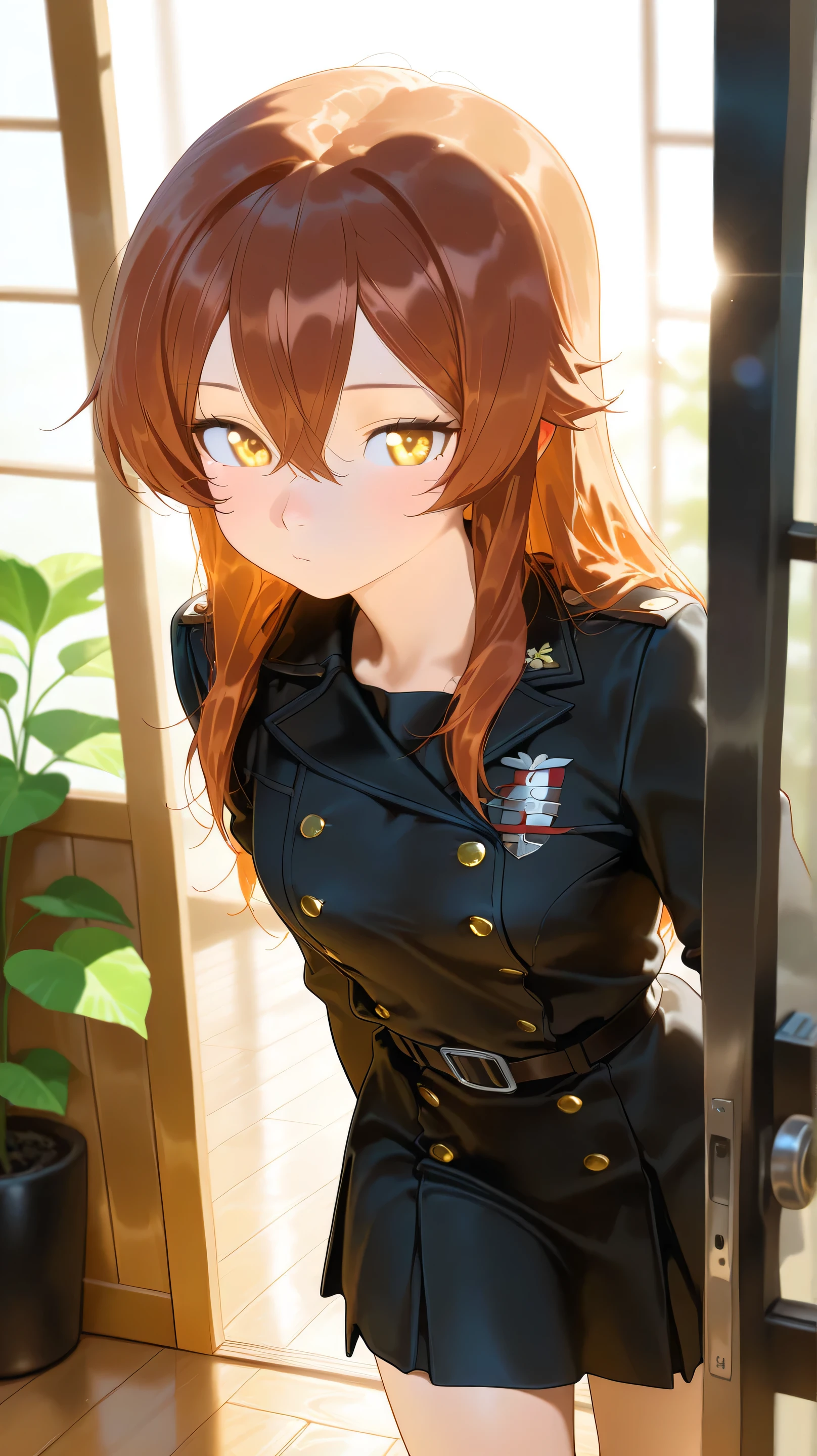 Masterpiece, Best Quality, Top Quality, Very Detailed, A young woman with short auburn hair and golden eyes sits on the wooden floor near an open sliding door, bathed in warm sunlight. She wears a dark military-style uniform with golden buttons, exuding a melancholic yet captivating aura. Her gaze is soft yet intense, filled with deep emotion. The background features lush green plants slightly blurred, with soft shadows adding depth to the scene. The art style is highly detailed, semi-realistic anime with rich textures, warm natural lighting, and a nostalgic atmosphere.