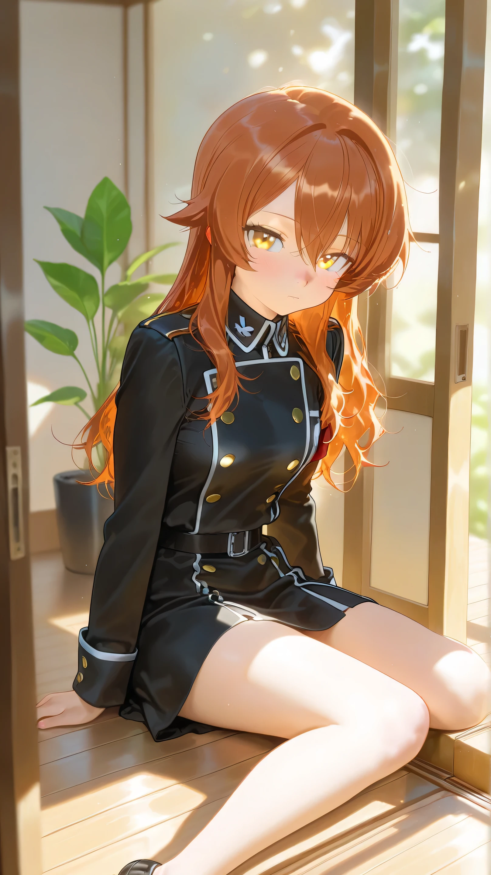 Masterpiece, Best Quality, Top Quality, Very Detailed, A young woman with short auburn hair and golden eyes sits on the wooden floor near an open sliding door, bathed in warm sunlight. She wears a dark military-style uniform with golden buttons, exuding a melancholic yet captivating aura. Her gaze is soft yet intense, filled with deep emotion. The background features lush green plants slightly blurred, with soft shadows adding depth to the scene. The art style is highly detailed, semi-realistic anime with rich textures, warm natural lighting, and a nostalgic atmosphere.