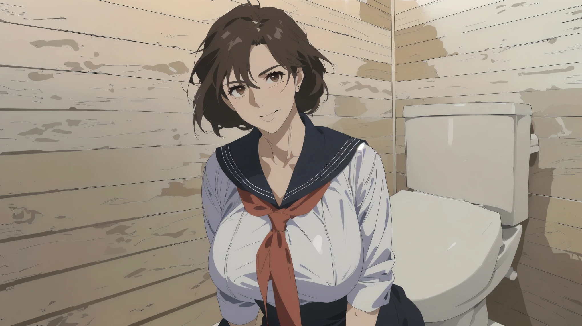best quality, 明るい、mature mom, Quiet mature Mom , ((( Small Wrinkles Around His Eyes and Mouth :1.2)))、detailed face, brown hair, Mesh Bang Hairstyle, brown eyes, (Big Breasts), shy and embarrassed mature mom, (mature mom in tight and white sailor suit:1.3) ,(red scarf with black nose:1.4)、 there is toilet with wood walls ,(Simple Western-style whight toilet.Move to the right edge of the screen:1.2), realistic high school mature mom , female protagonist 👀 :8, Bewitching Anime mature mom , Makoto Shinkai ( Apex Legends ), Fine details, a hyper realistic high school mature mom , charming anime mature mom