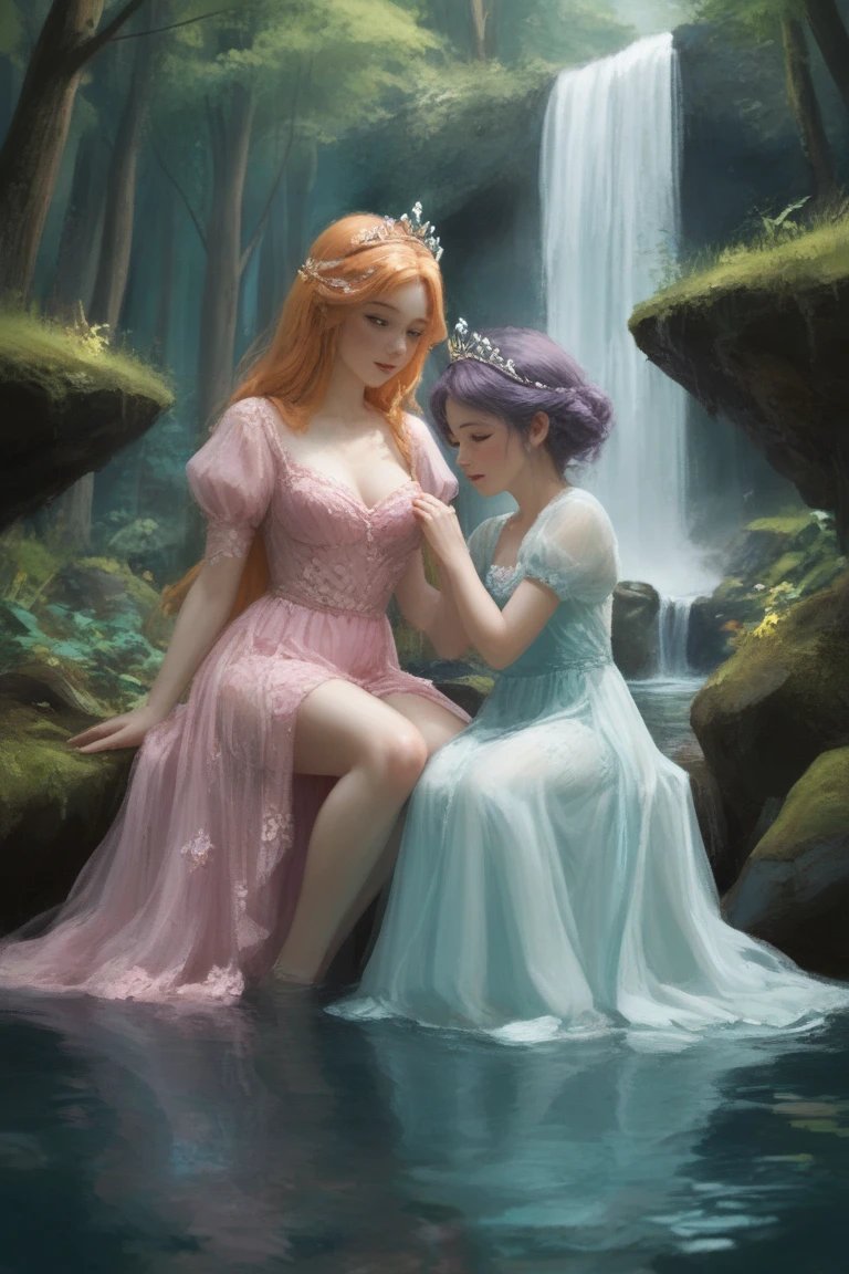 Dreamy atmosphere, fantasy, painting, fairies look at their reflections in the stream while sitting on their knees --auto --s2